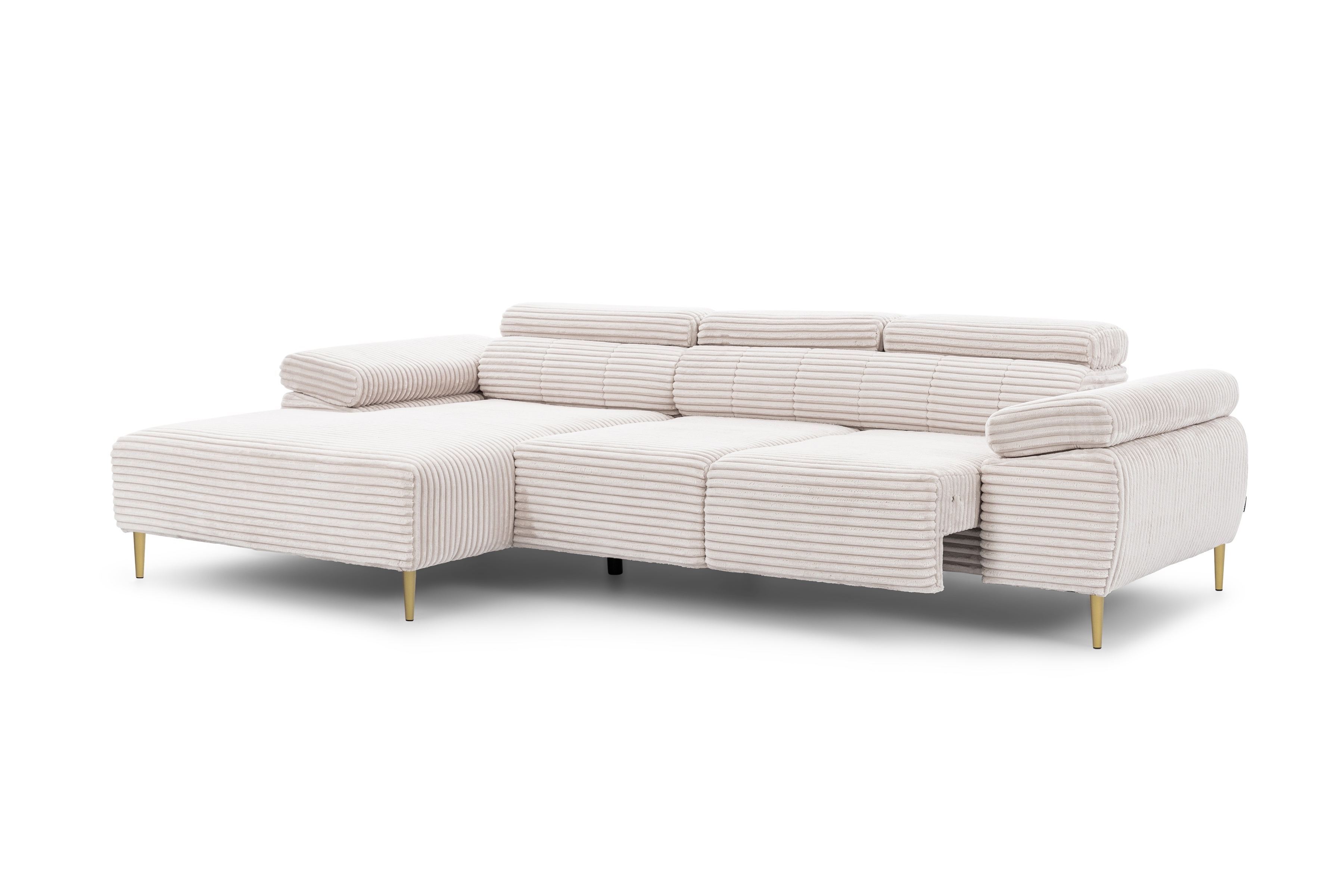 Rohová sedačka Taloria Mini s el. výsuvným sedadlom ľavá - béžový plyš Tilia 01 / zlaté nožičky Rohová sedacia súprava Ľavá strana Taloria Mini - Tilia 01, nožičky zlote