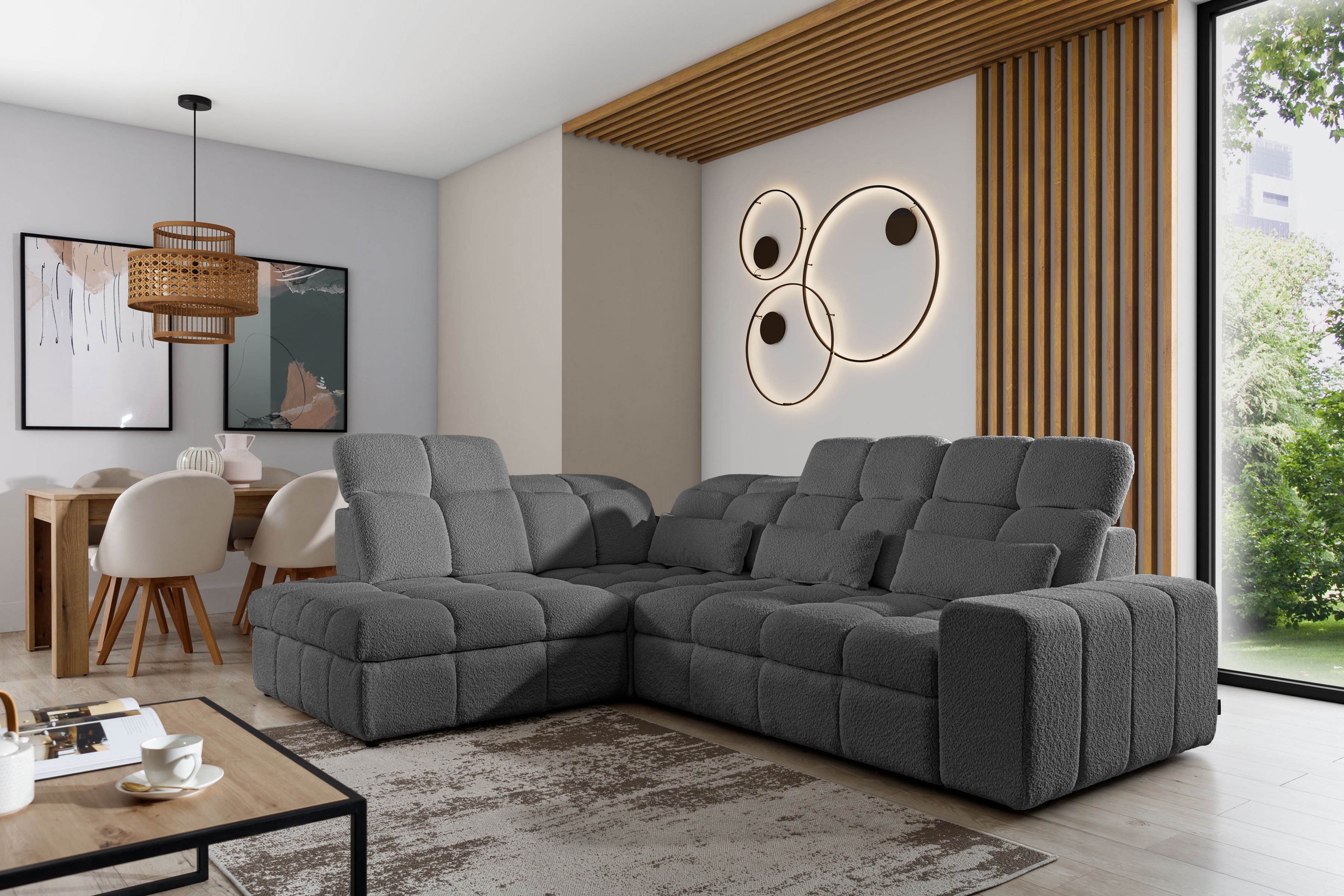 Rozkladacia rohová sedačka Magnelio L ľavá s el. výsuvom - sivé buklé Catch Me 25 Rohová sedacia súprava Ľavá strana rozkladany s elektricky výsuvným sedákem Magnelio L - šedá boucle Catch me 25