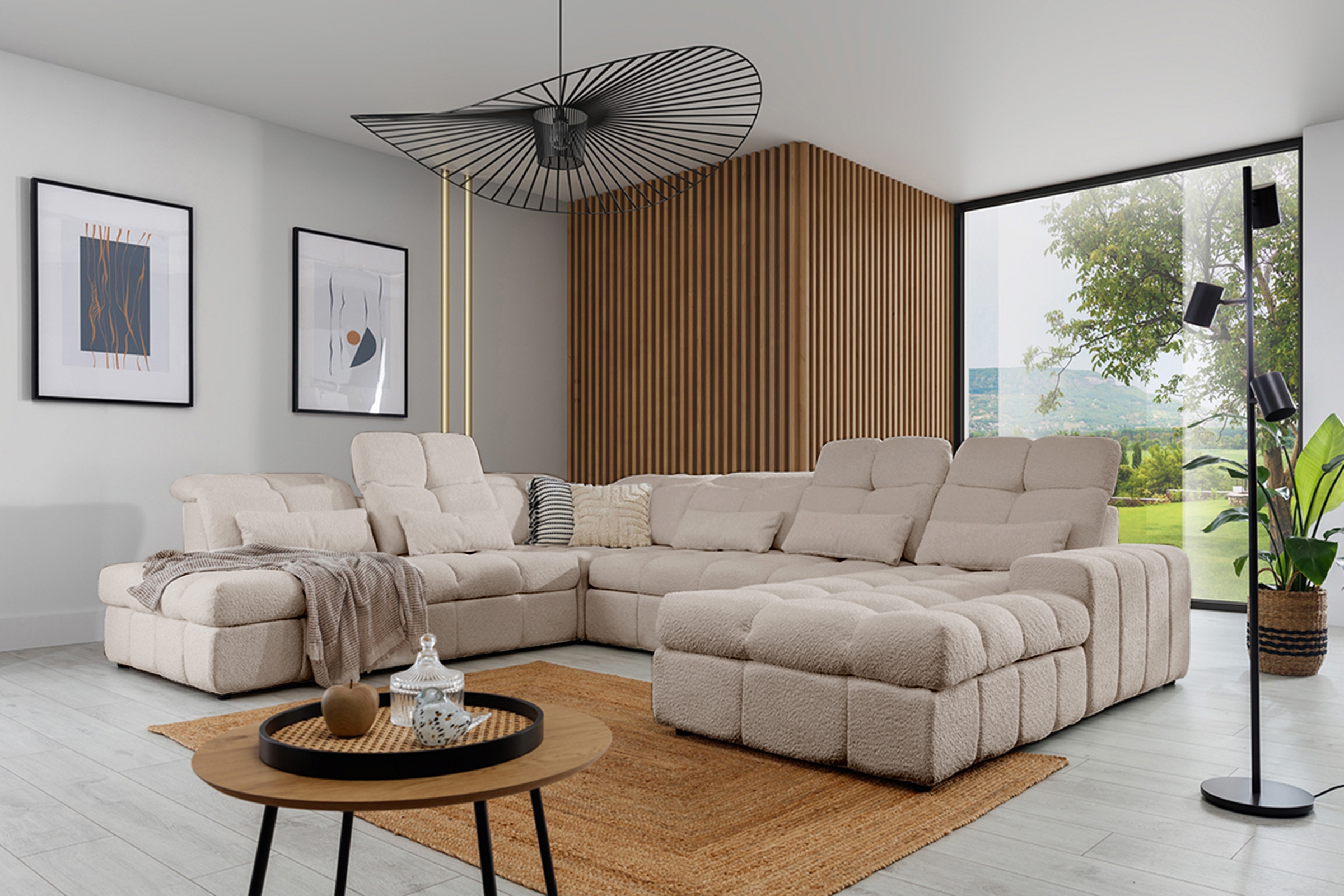 Elektrický rozkládací rohový gauč Magnelio U II levý - béžová bouclé Catch Me 2 Rohová sedací souprava Strana levá rozkládací z elektricky wysuwanym sedadlem Magnelio U II - Béžová boucle Catch me 2 