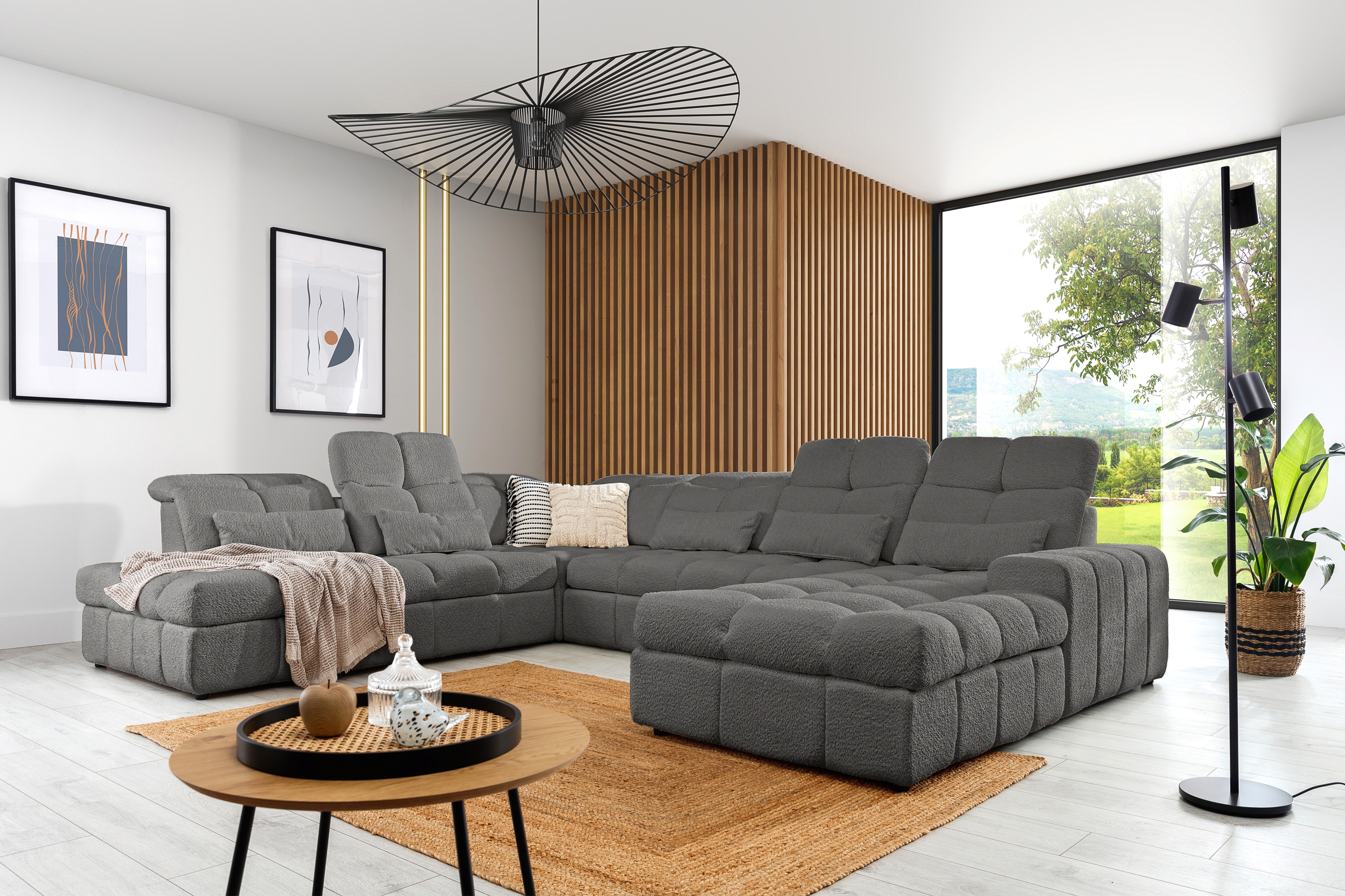 Rohová sedacia súprava Magnelio U II ľavá elektrická s rozkladacou funkciou - sivá bouclé Catch Me 25 Rohová sedacia súprava Ľavá strana rozkladany s elektricky výsuvným sedákem Magnelio U II - šedá boucle Catch Me 25 