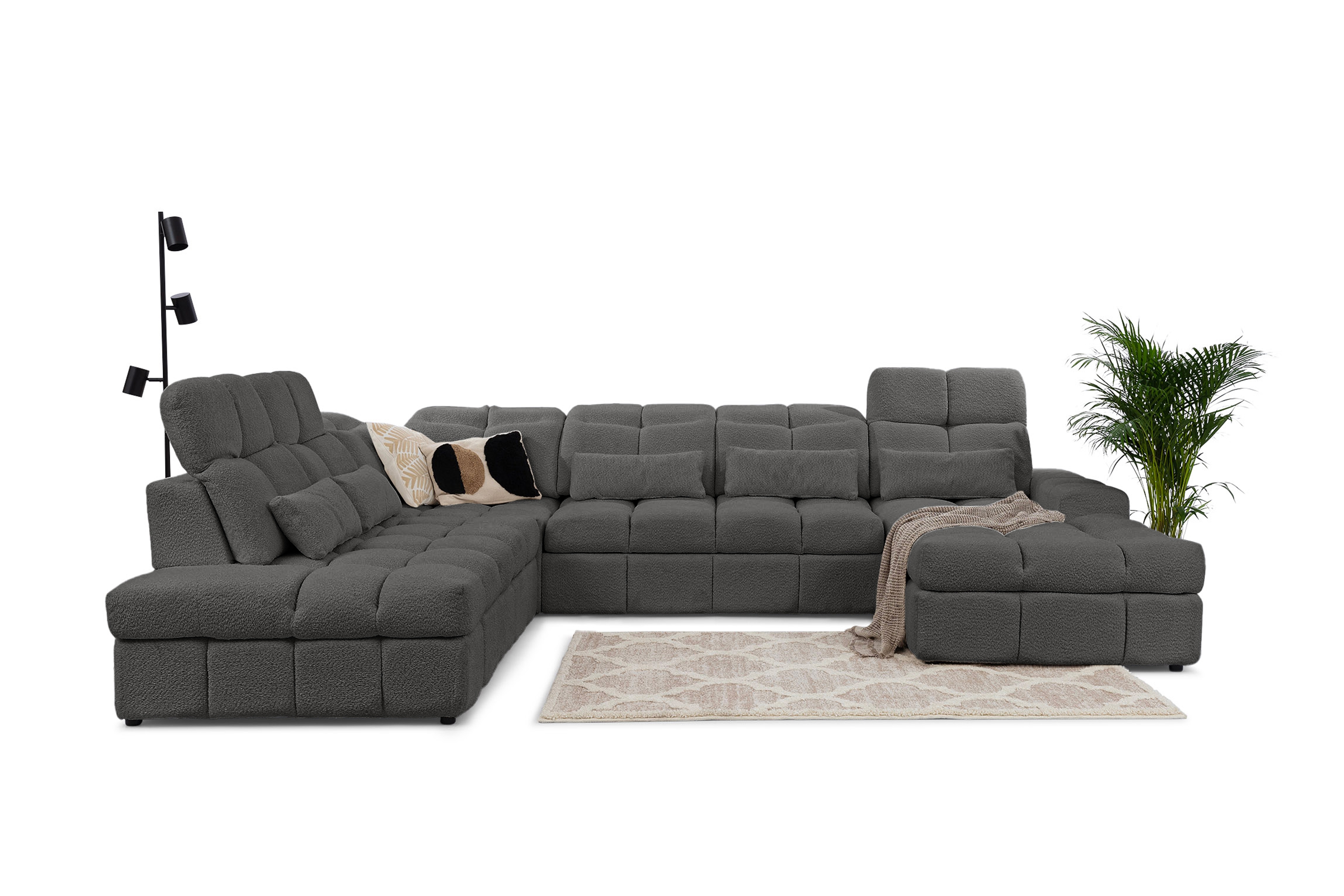 Rohová sedacia súprava Magnelio U II ľavá elektrická s rozkladacou funkciou - sivá bouclé Catch Me 25 Rohová sedacia súprava Ľavá strana rozkladany s elektricky výsuvným sedákem Magnelio U II - šedá boucle Catch Me 25 