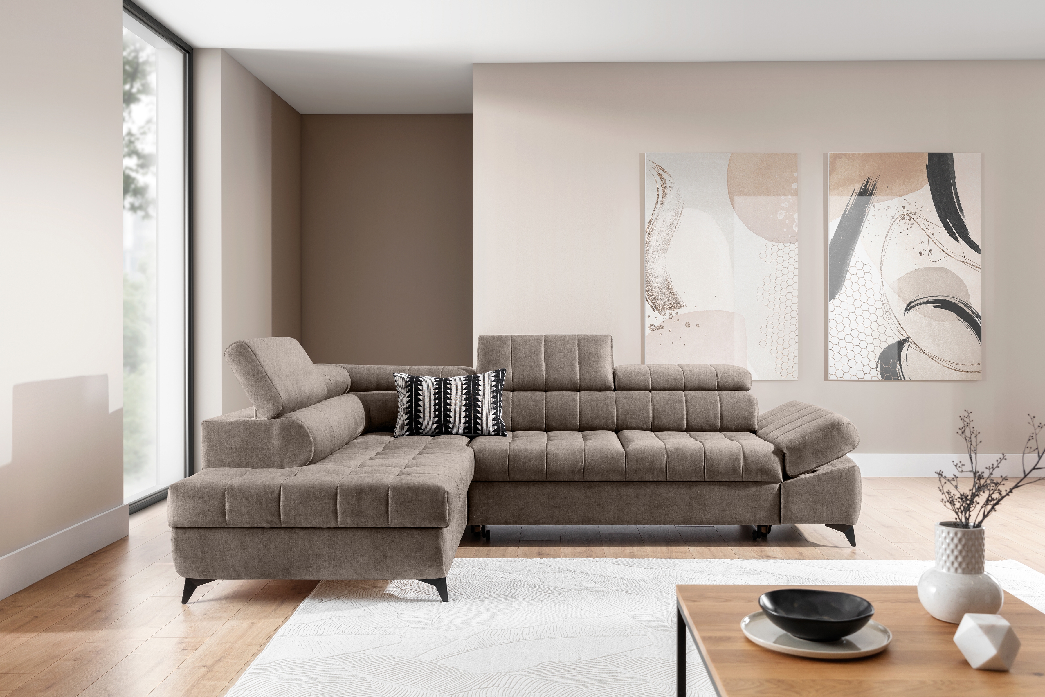 Rozkládací rohová sedací souprava Valoris L levá - béžová Vogue 4 Rohová sedací souprava levá Valoris L rozkládací - béžová samet hydrofobní  Vogue 4