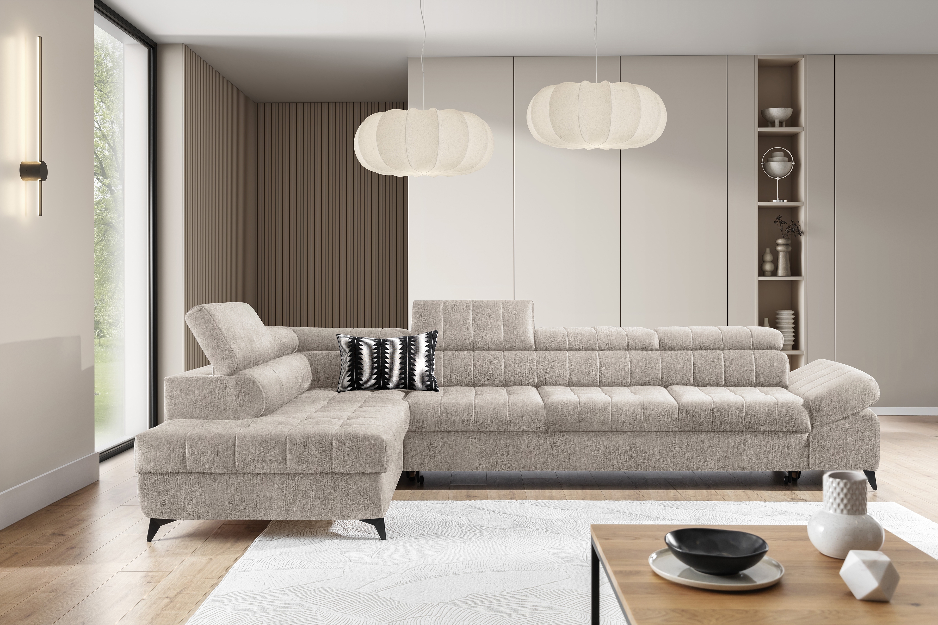 Rozkládací rohová sedací souprava Valoris Maxi levá - béžová Perfect Harmony 07 Rohová sedací souprava levá Valoris Maxi rozkládací - béžová šenil Perfect Harmony 07