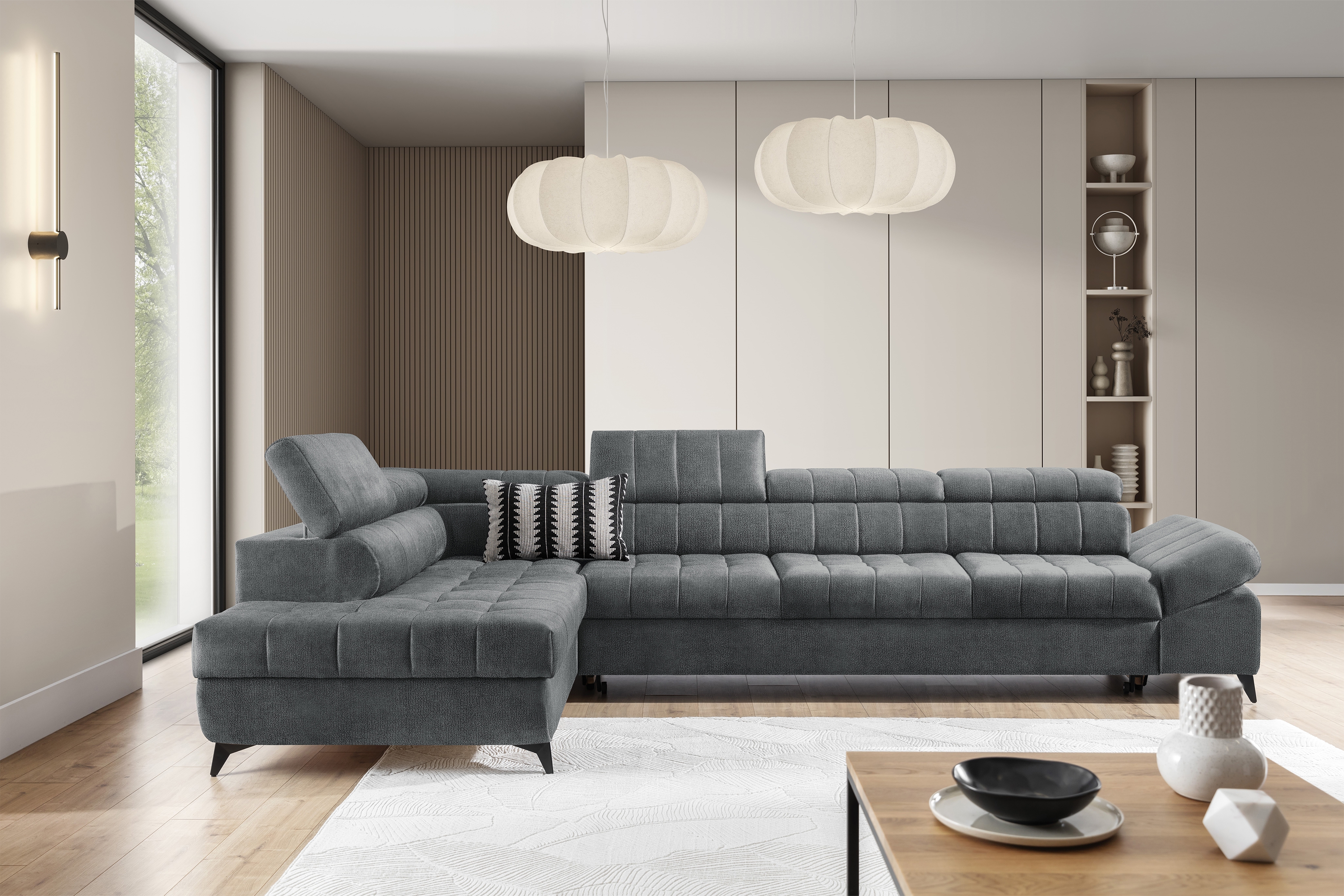 Rozkládací rohová sedací souprava Valoris Maxi levá - šedá šenil Perfect Harmony 85 Rohová sedací souprava levá Valoris Maxi rozkládací - šedá šenil Perfect Harmony 85