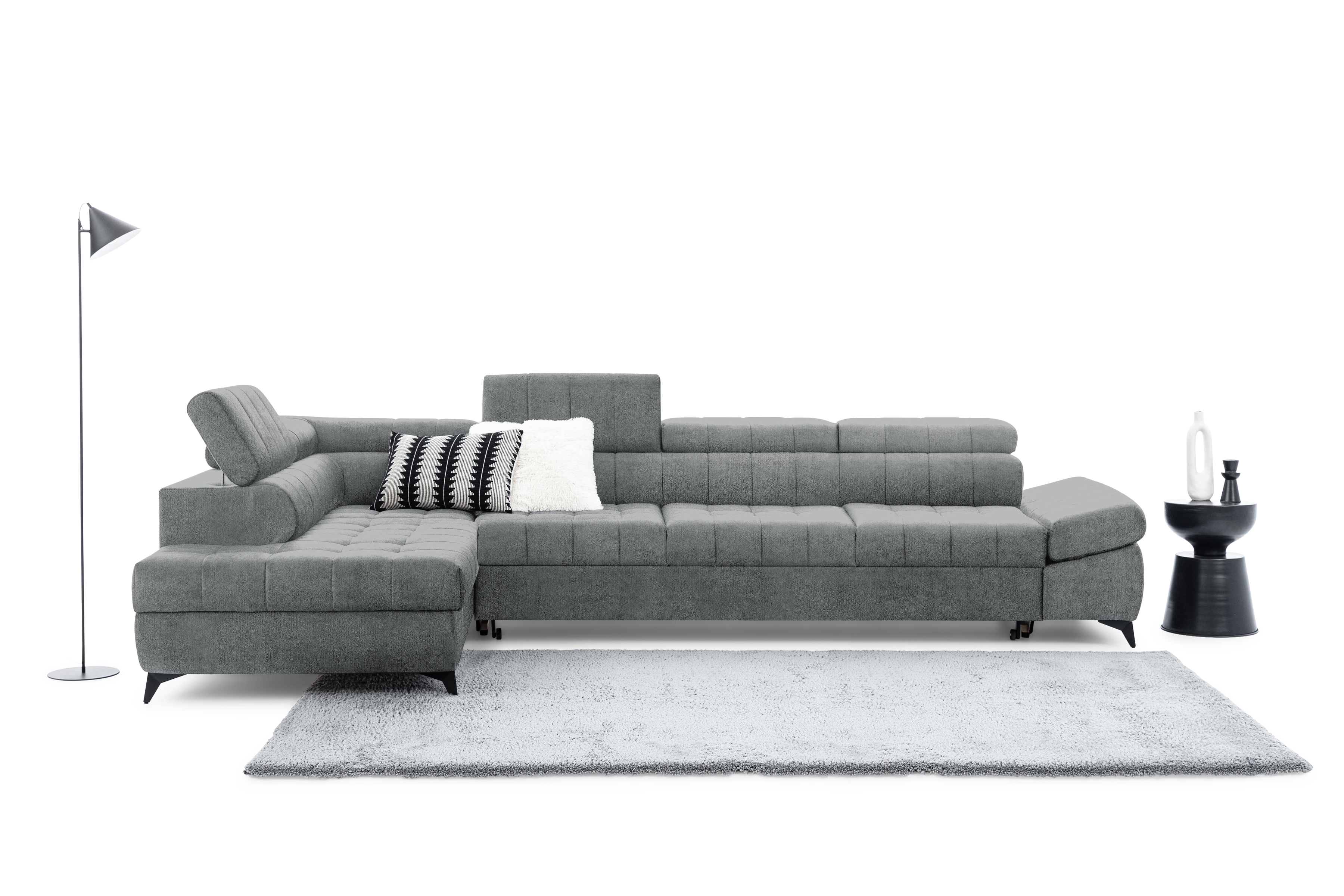 Rozkládací rohová sedací souprava Valoris Maxi levá - šedá šenil Perfect Harmony 85 Rohová sedací souprava levá Valoris Maxi rozkládací - šedá šenil Perfect Harmony 85