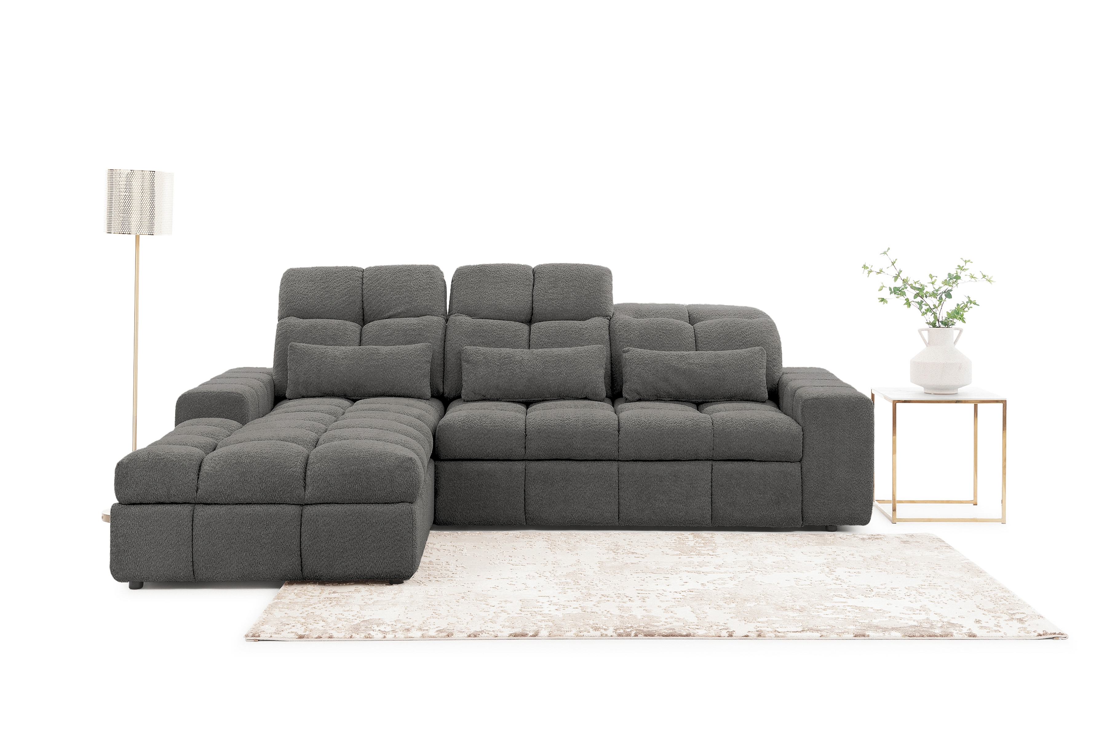 Rohová sedacia súprava Magnelio Mini ľavá elektrická s rozkladacou funkciou - sivá bouclé Catch Me 25 Rohová sedacia súprava Ľavá strana s elektricky výsuvným sedákem i funkcja spania Magnelio Mini - šedá boucla Catch Me 25