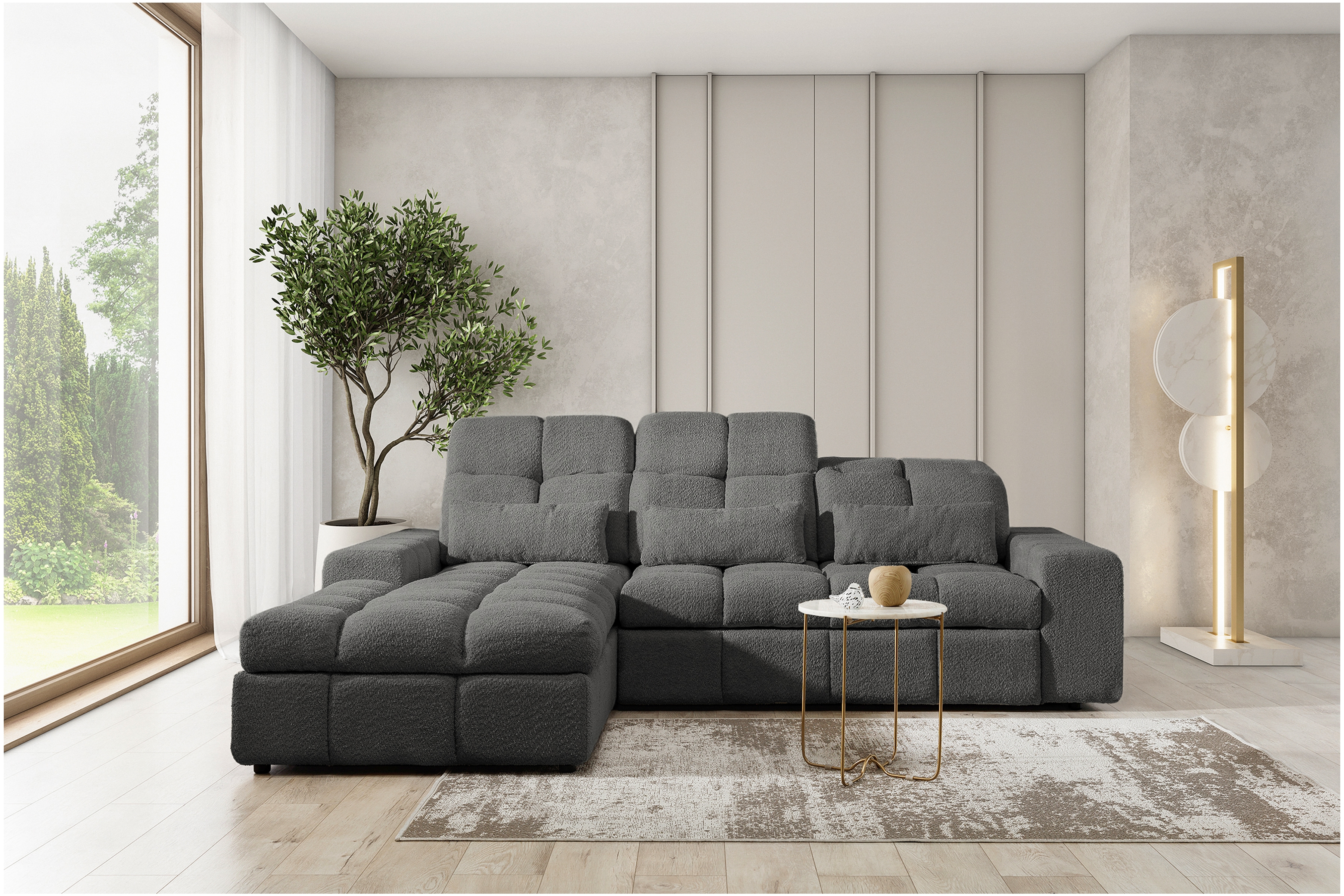 Rohová sedacia súprava Magnelio Mini ľavá elektrická s rozkladacou funkciou - sivá bouclé Catch Me 25 Rohová sedacia súprava Ľavá strana s elektricky výsuvným sedákem i funkcja spania Magnelio Mini - šedá boucla Catch Me 25