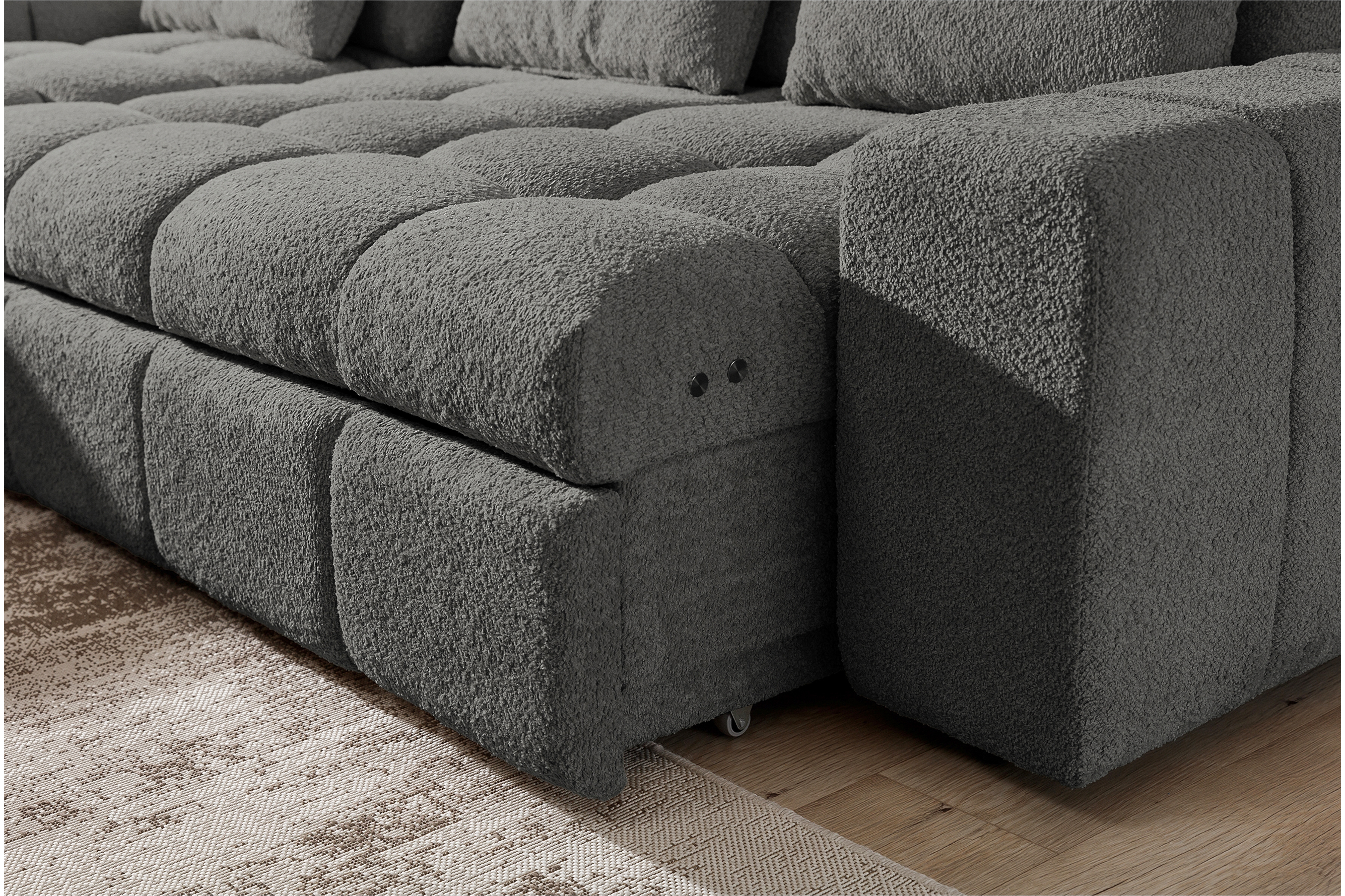 Rohová sedacia súprava Magnelio Mini ľavá elektrická s rozkladacou funkciou - sivá bouclé Catch Me 25 Rohová sedacia súprava Ľavá strana s elektricky výsuvným sedákem i funkcja spania Magnelio Mini - šedá boucla Catch Me 25