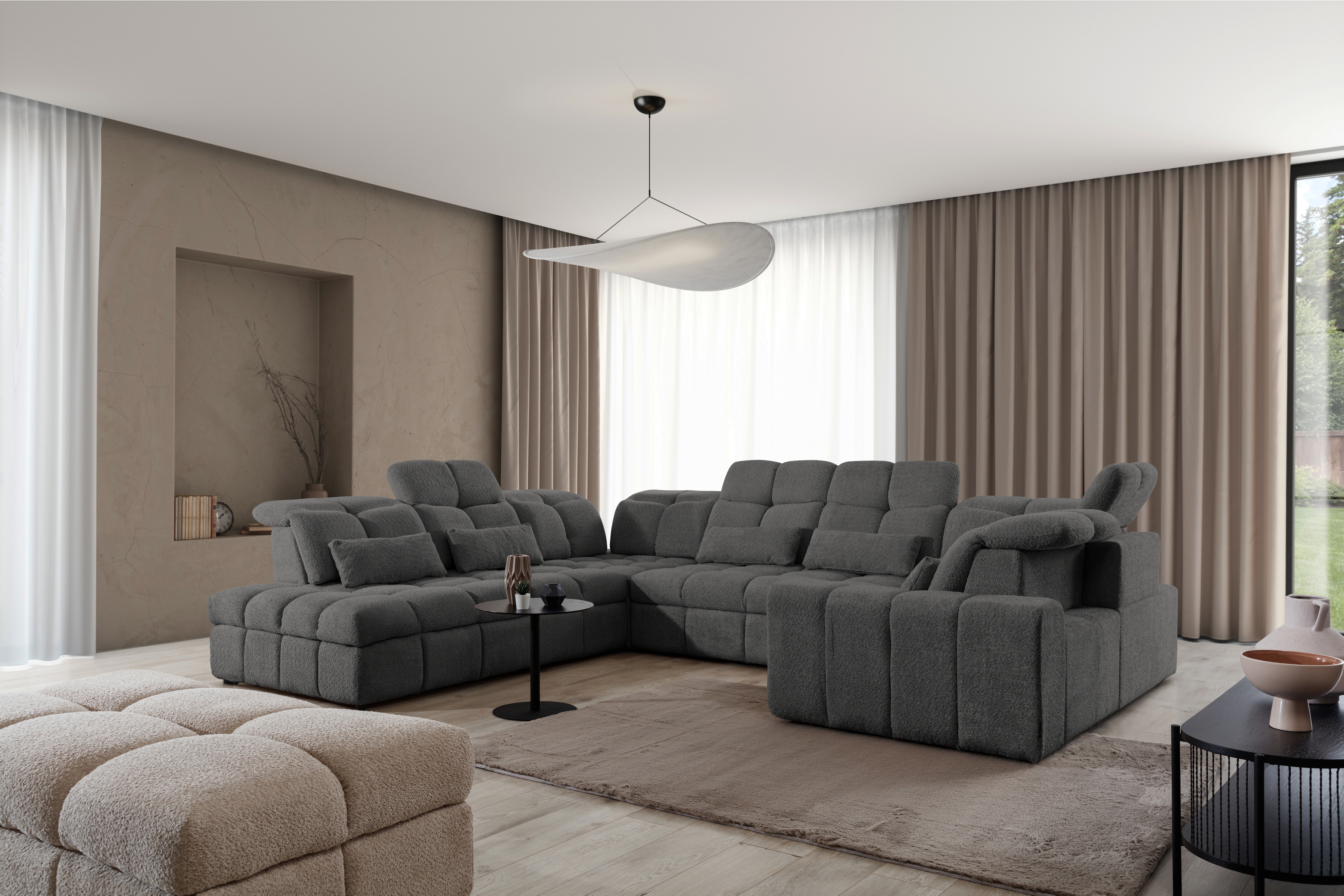 Rohová sedacia súprava Magnelio U ľavá elektrická s rozkladacou funkciou - sivá bouclé Catch Me 25 Rohová sedacia súprava Ľavá strana s elektricky výsuvným sedákem i i funkcja spania Magnelio U - šedá boucle Catch Me 25 