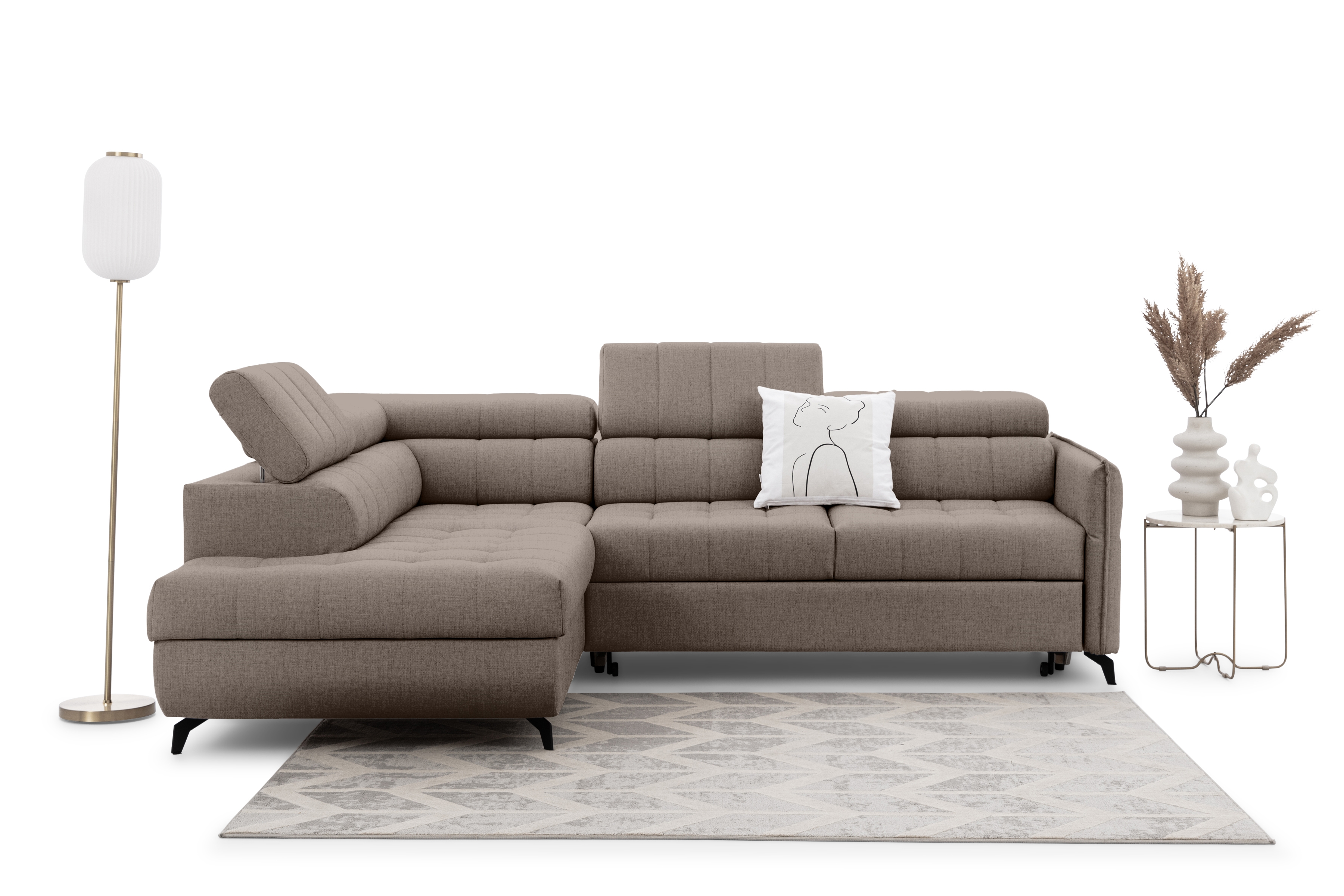 Rohová sedacia súprava Elarias L ľavá s funkciou spania - béžový hydrofóbny zamat Vogue 4 Rohová sedacia súprava Ľavá strana s funkciou spania Elarias L - béžový zamat hydrofobowy Vogue 4