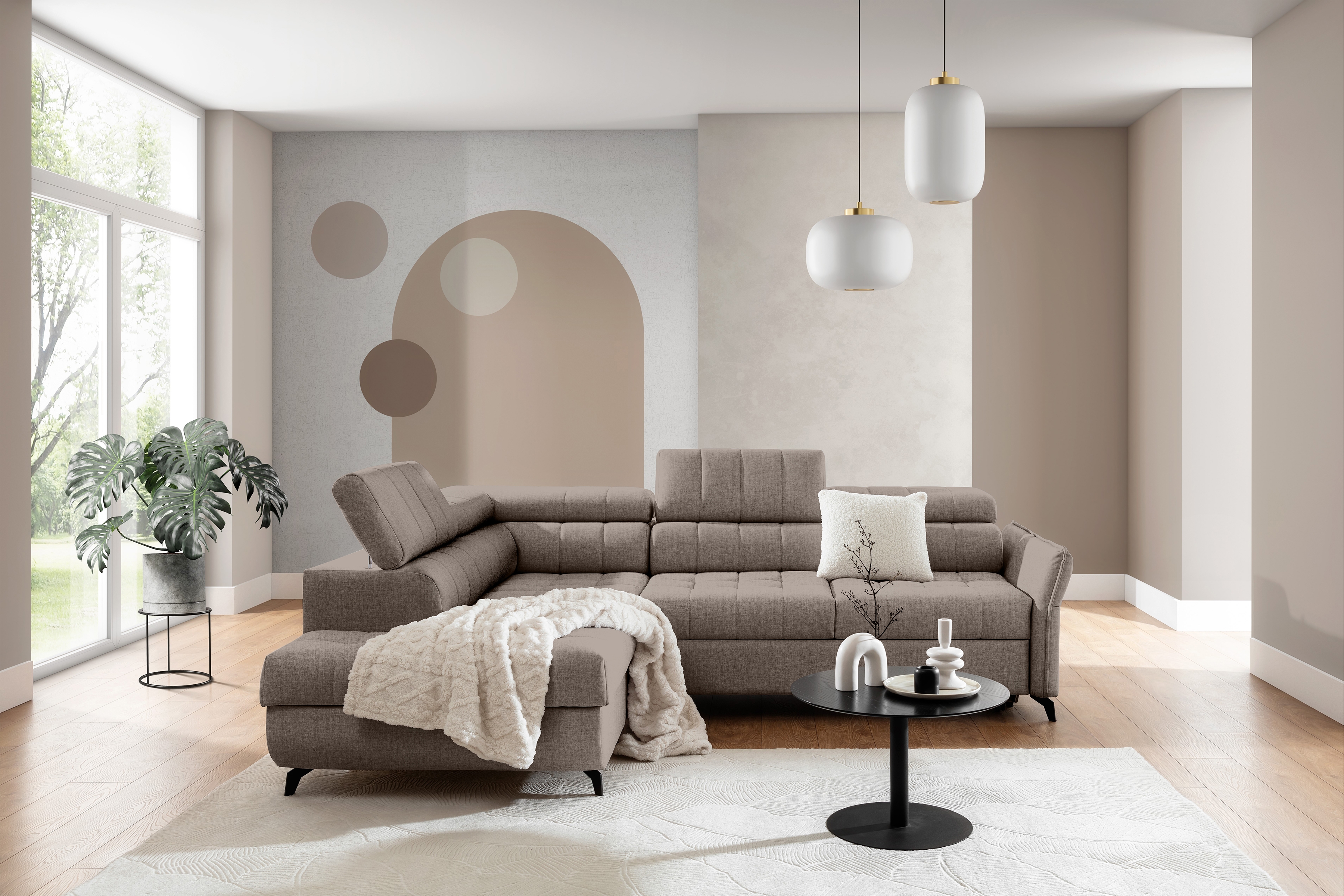 Rohová sedacia súprava Elarias L ľavá s funkciou spania - béžový hydrofóbny zamat Vogue 4 Rohová sedacia súprava Ľavá strana s funkciou spania Elarias L - béžový zamat hydrofobowy Vogue 4