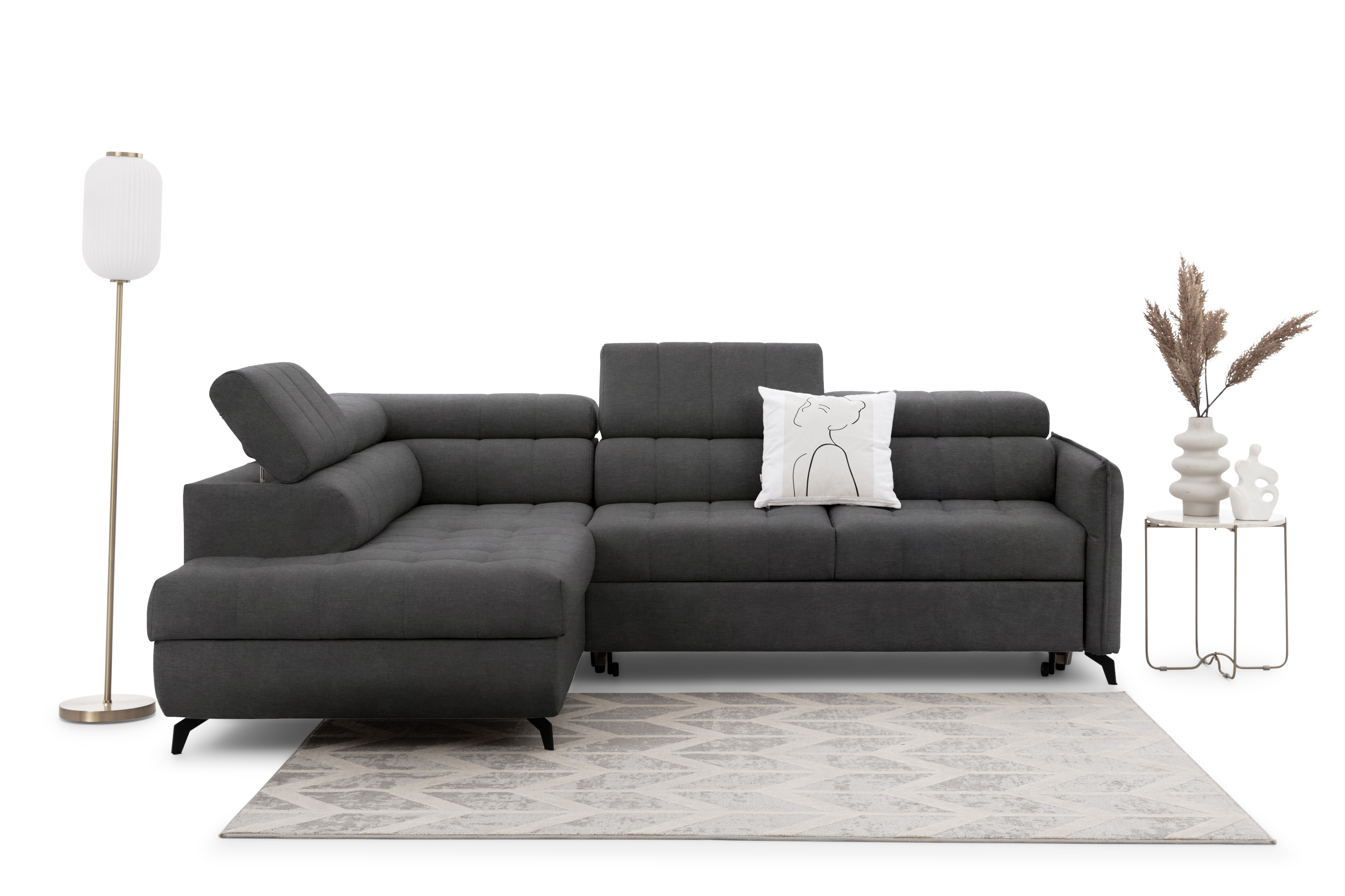 Rohová sedacia súprava Elarias L ľavá s funkciou spania - grafitový hydrofóbny zamat Zetta 305 Rohová sedacia súprava Ľavá strana s funkciou spania Elarias L - Grafitový zamat hydrofobowy Zetta 305