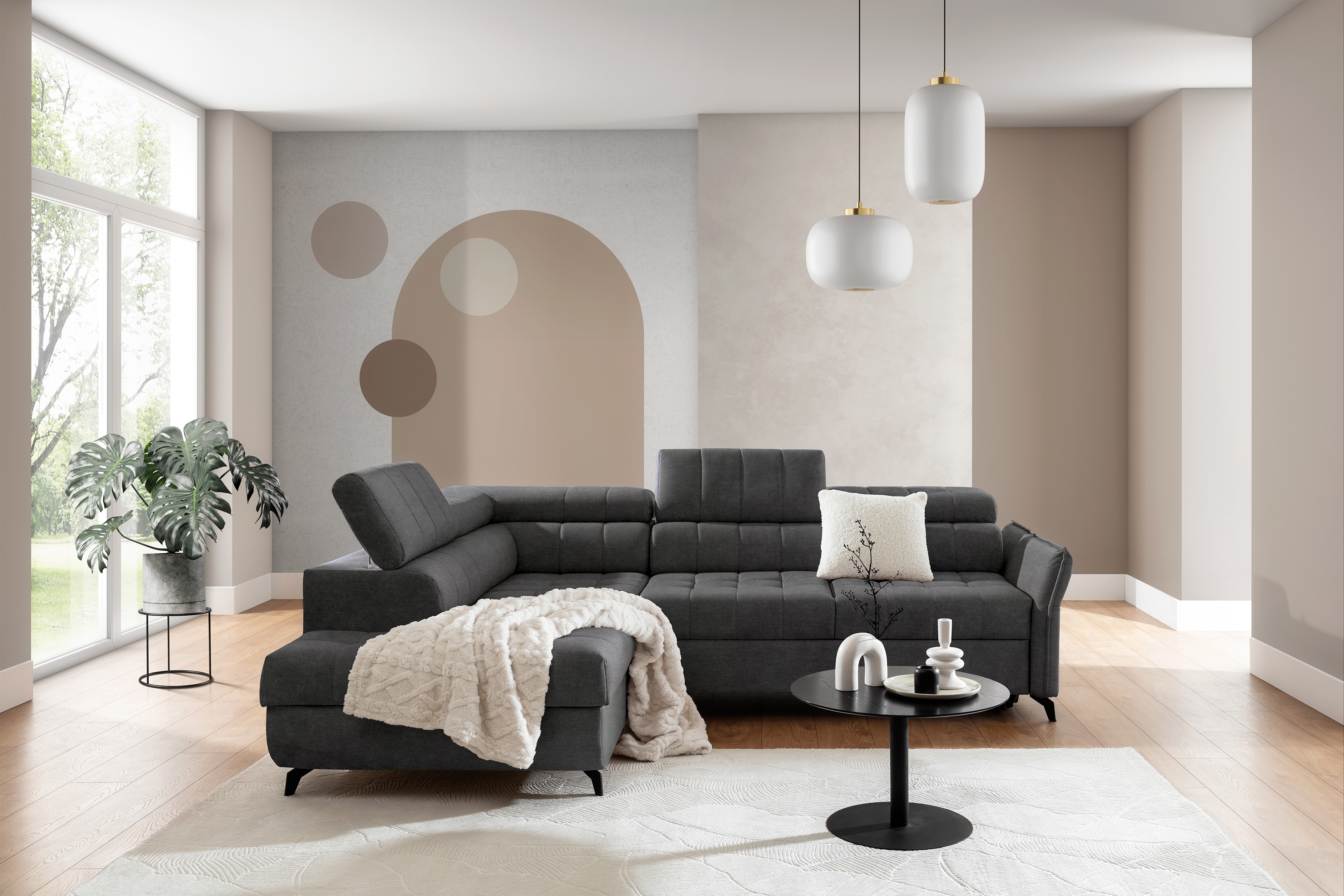 Rohová sedacia súprava Elarias L ľavá s funkciou spania - grafitový hydrofóbny zamat Zetta 305 Rohová sedacia súprava Ľavá strana s funkciou spania Elarias L - Grafitový zamat hydrofobowy Zetta 305