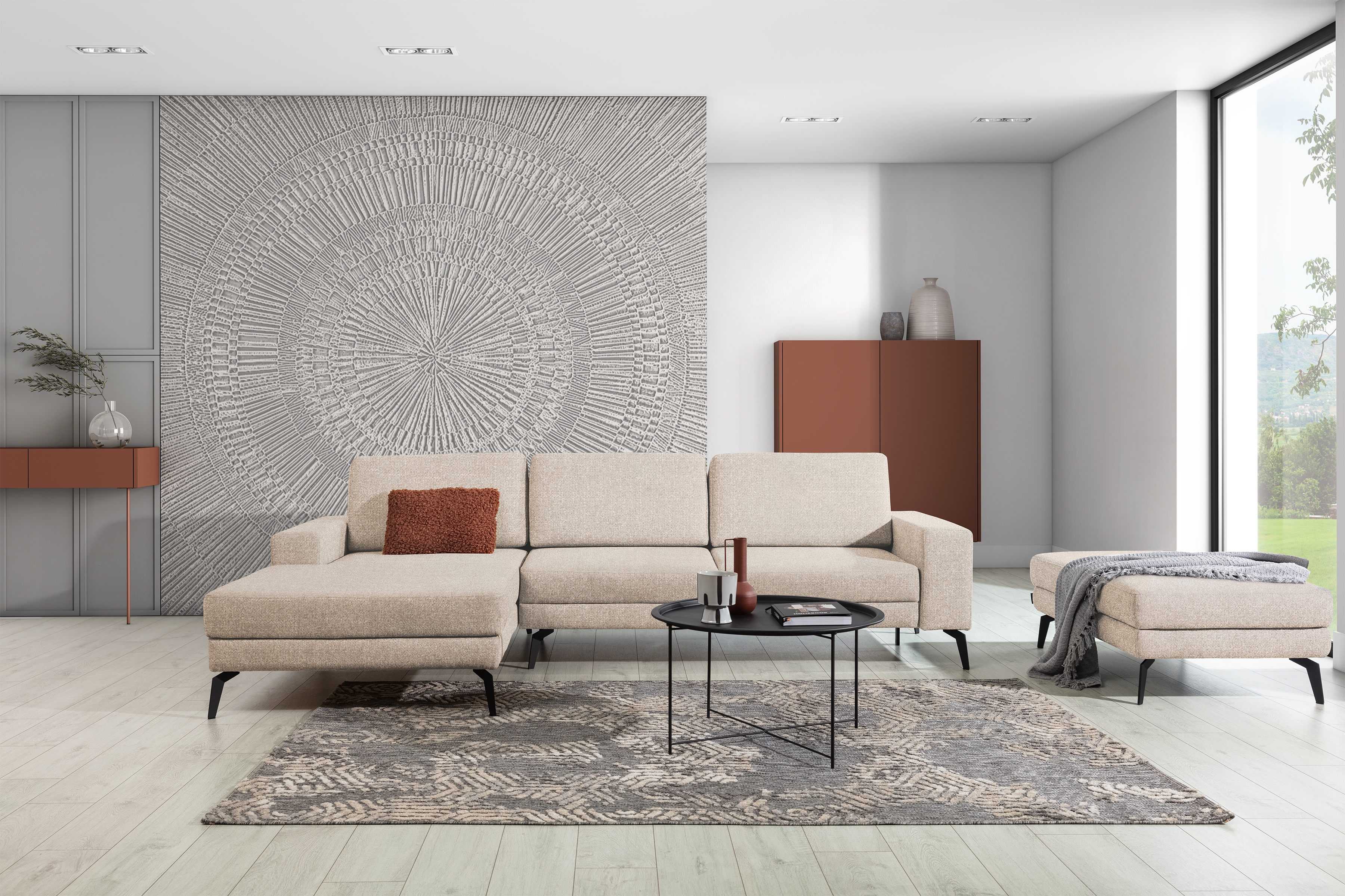 Rozkladacia rohová sedacia súprava Elentio Mini ľavá - béžová pletenina Magni 206.02 Rohová sedacia súprava Elentio mini aranzacja