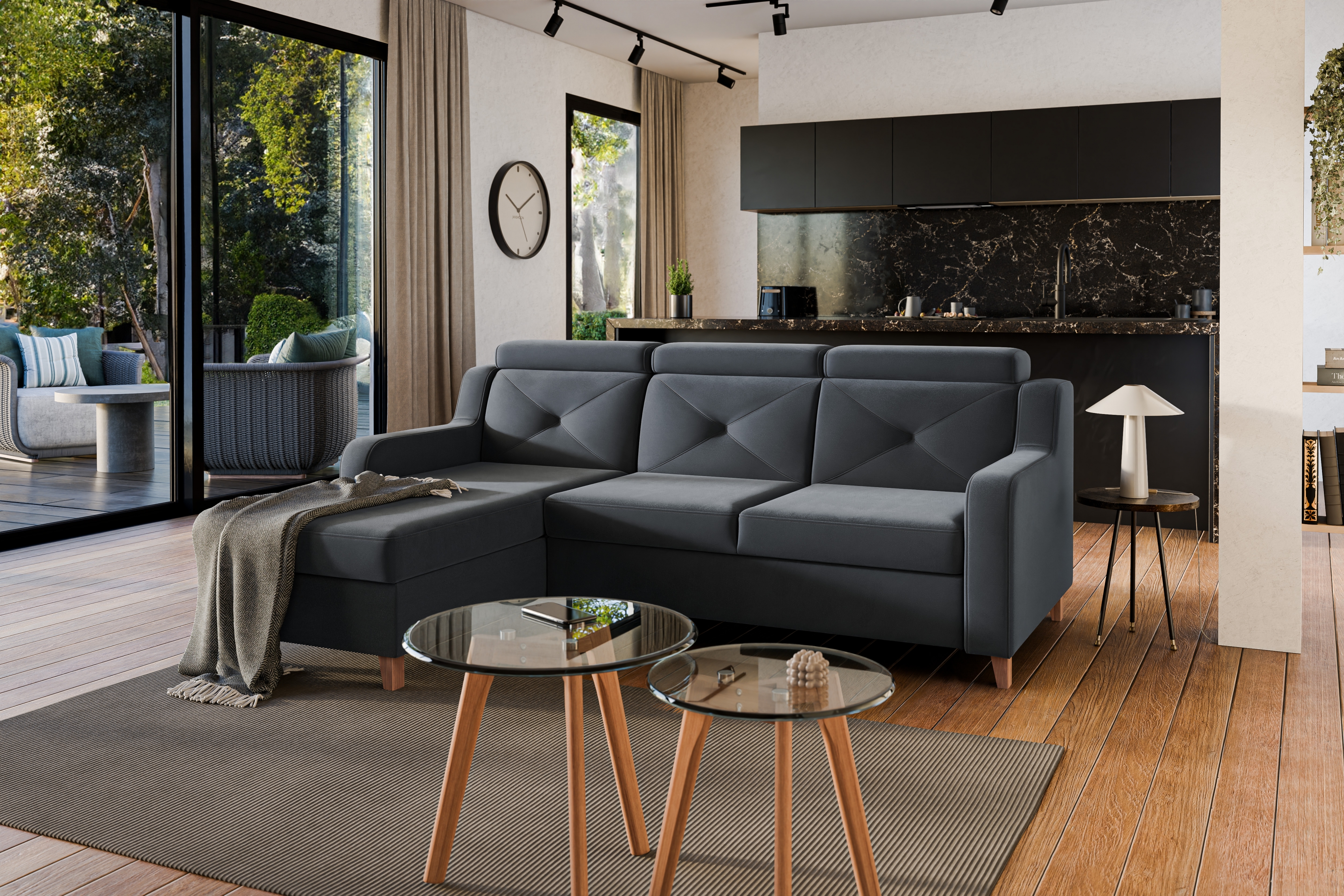 Rozkládací rohová sedací souprava Laksaro levá - šedá látka Jasmine 96 Rohová sedací souprava Strana levá s funkcí spaní Laksaro - šedý samet Trinity 15 