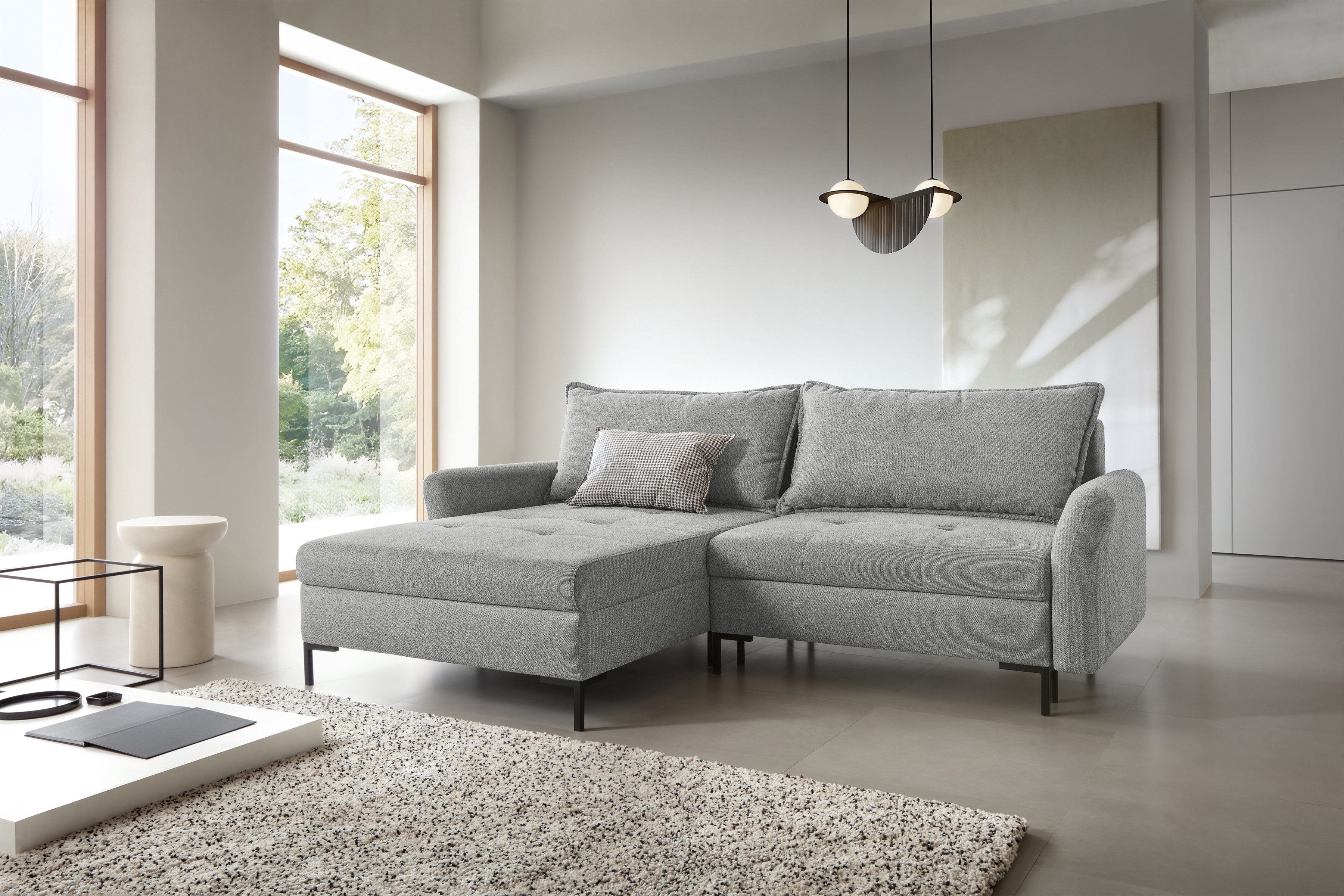 Rozkladacia rohová sedacia súprava Marco ľavá - šedá pletenina Brooklyn Cement Rohová sedacia súprava Ľavá strana s funkciou spánku Marco - šedá plecionka Brooklyn Cement