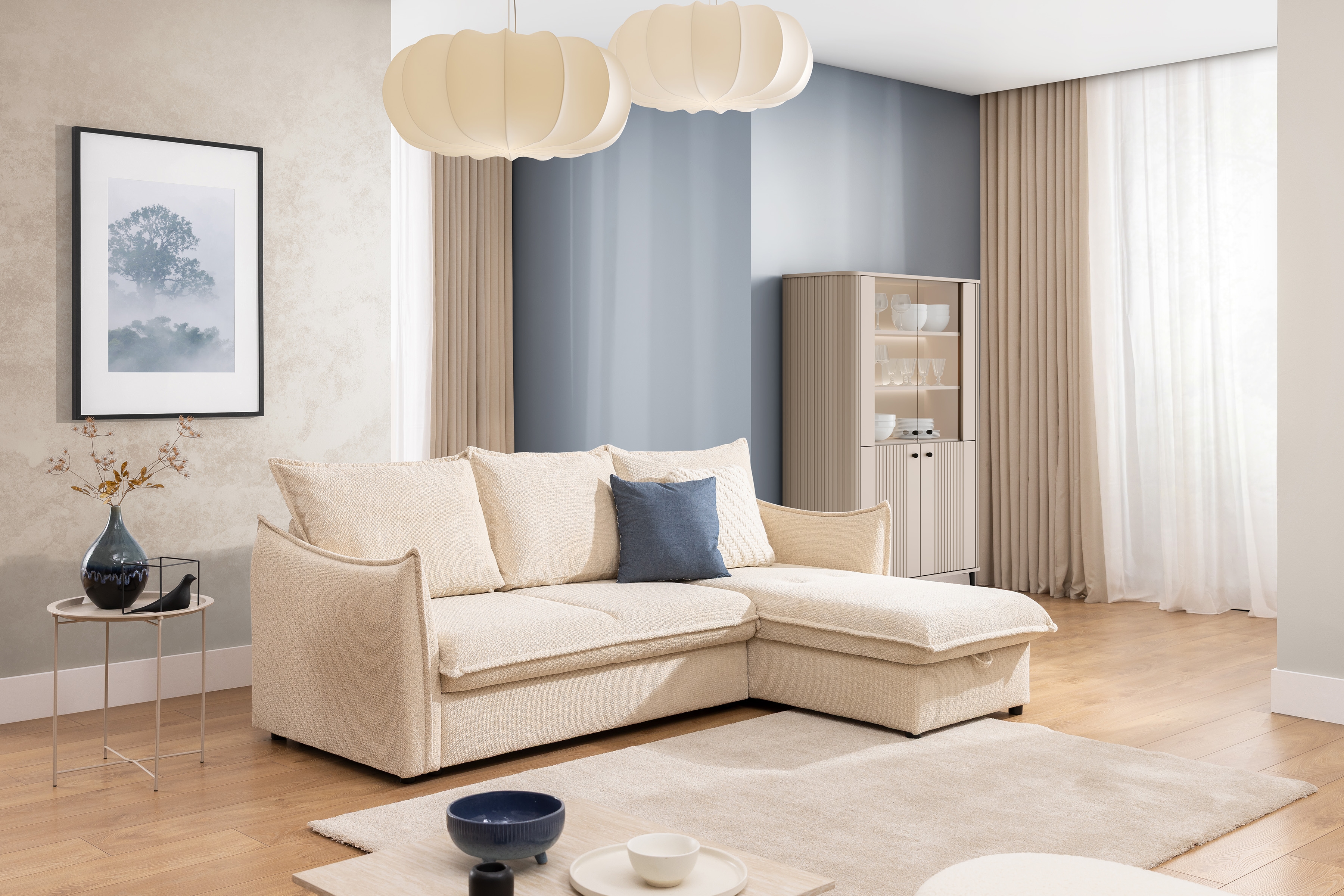 Rozkladacia rohová sedacia súprava Liliamo pravá - béžová žinylka Egon 26 Rohová sedacia súprava Liliamo prowostronny - béžový šenil Egon 26