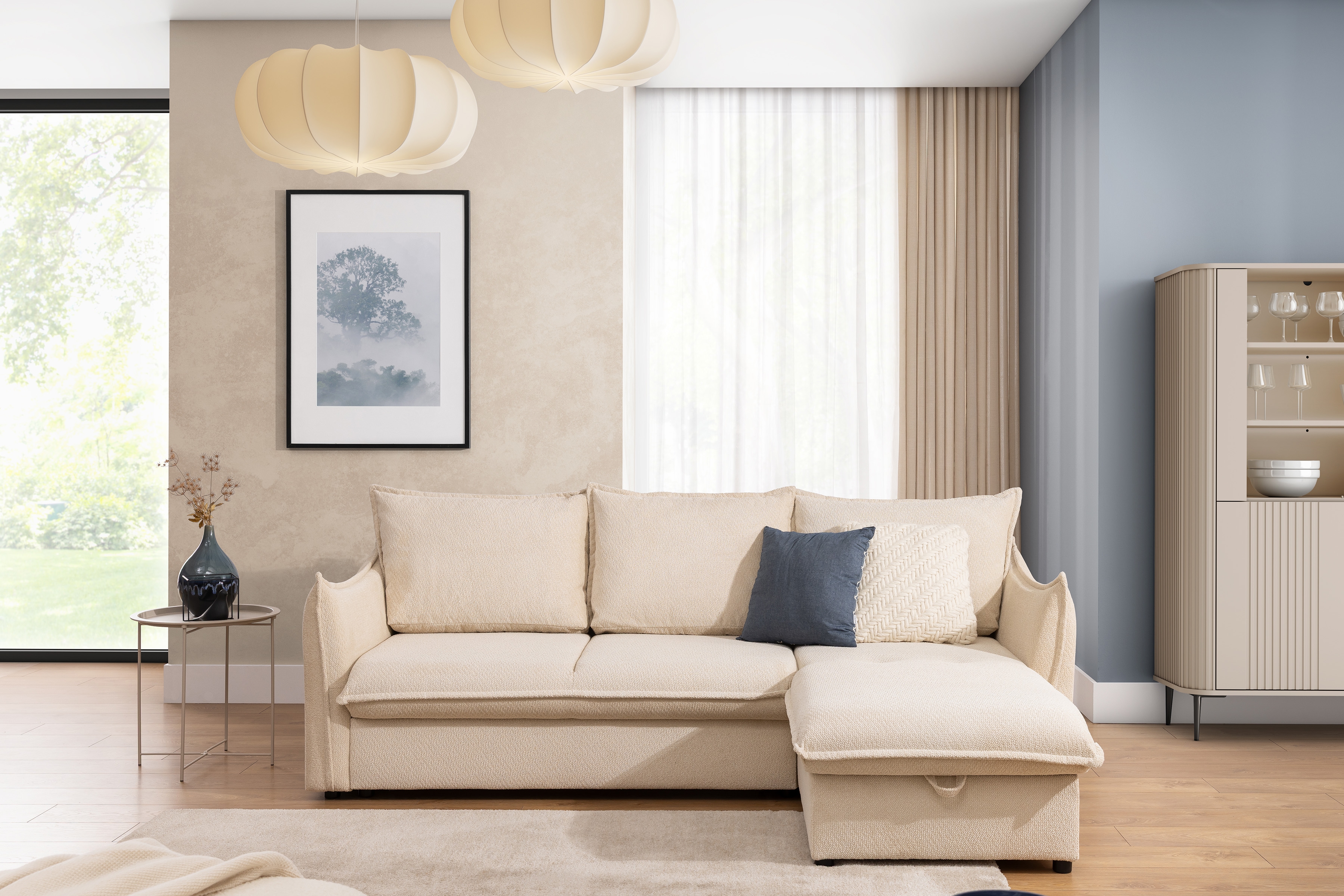 Rozkladacia rohová sedacia súprava Liliamo pravá - béžová žinylka Egon 26 Rohová sedacia súprava Liliamo prowostronny - béžový šenil Egon 26