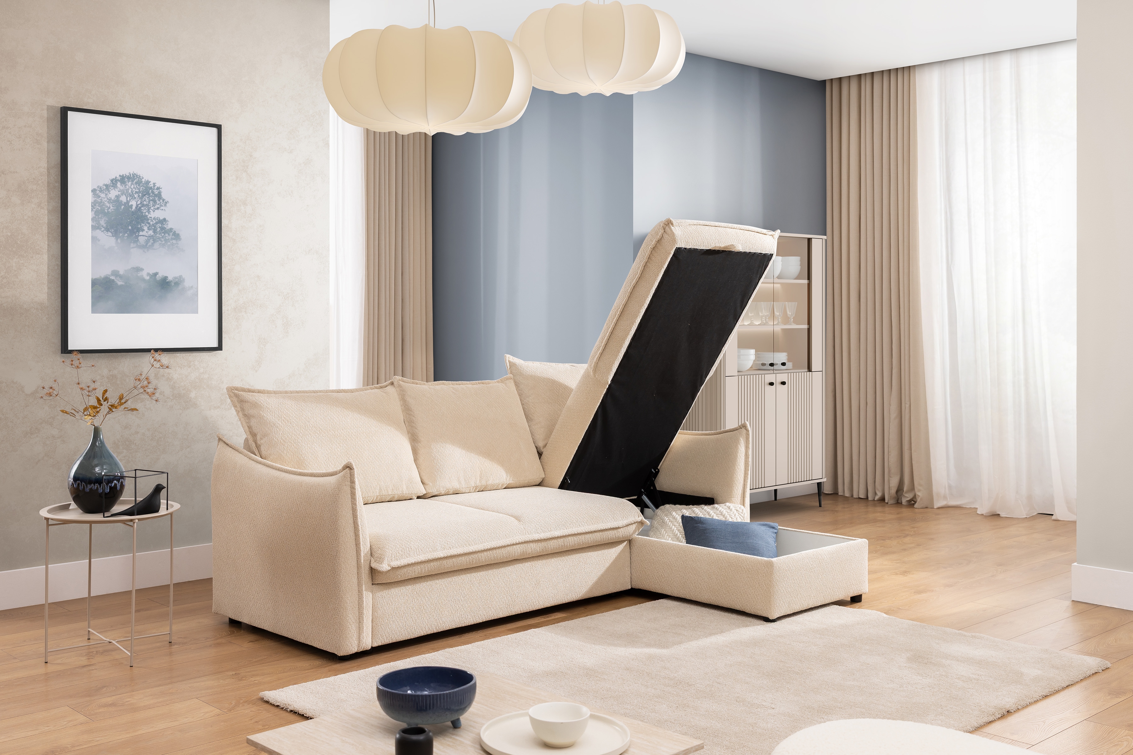 Rozkladacia rohová sedacia súprava Liliamo pravá - béžová žinylka Egon 26 Rohová sedacia súprava Liliamo prowostronny - béžový šenil Egon 26