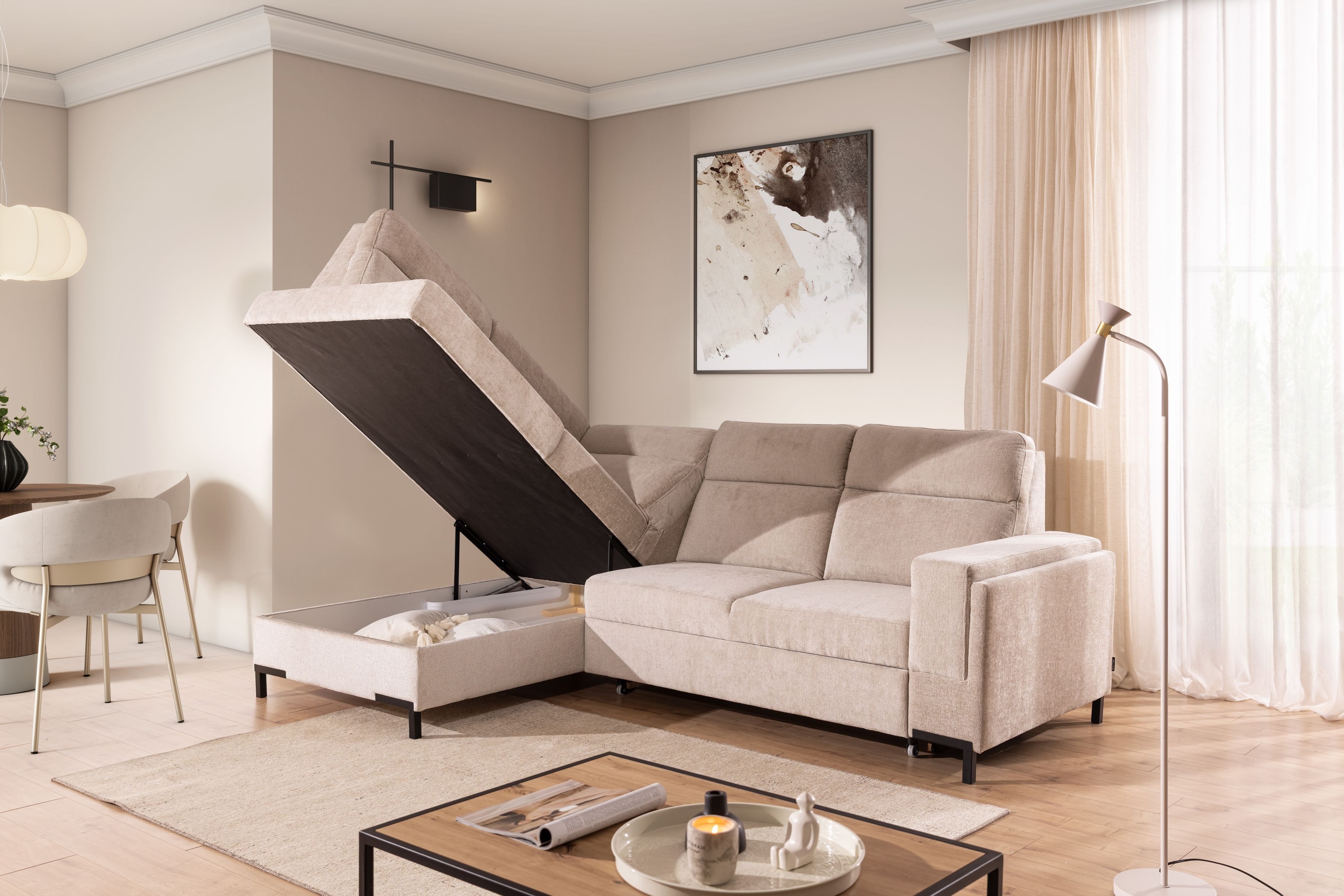 Rohová pohovka Loario L levá se širokými proříznutými boky - béžový szenil Perfect Harmony 07 Rohová sedací souprava Loario L levá z szerokim, wcietym bokiem - béžová šenil Perfect Harmony 07