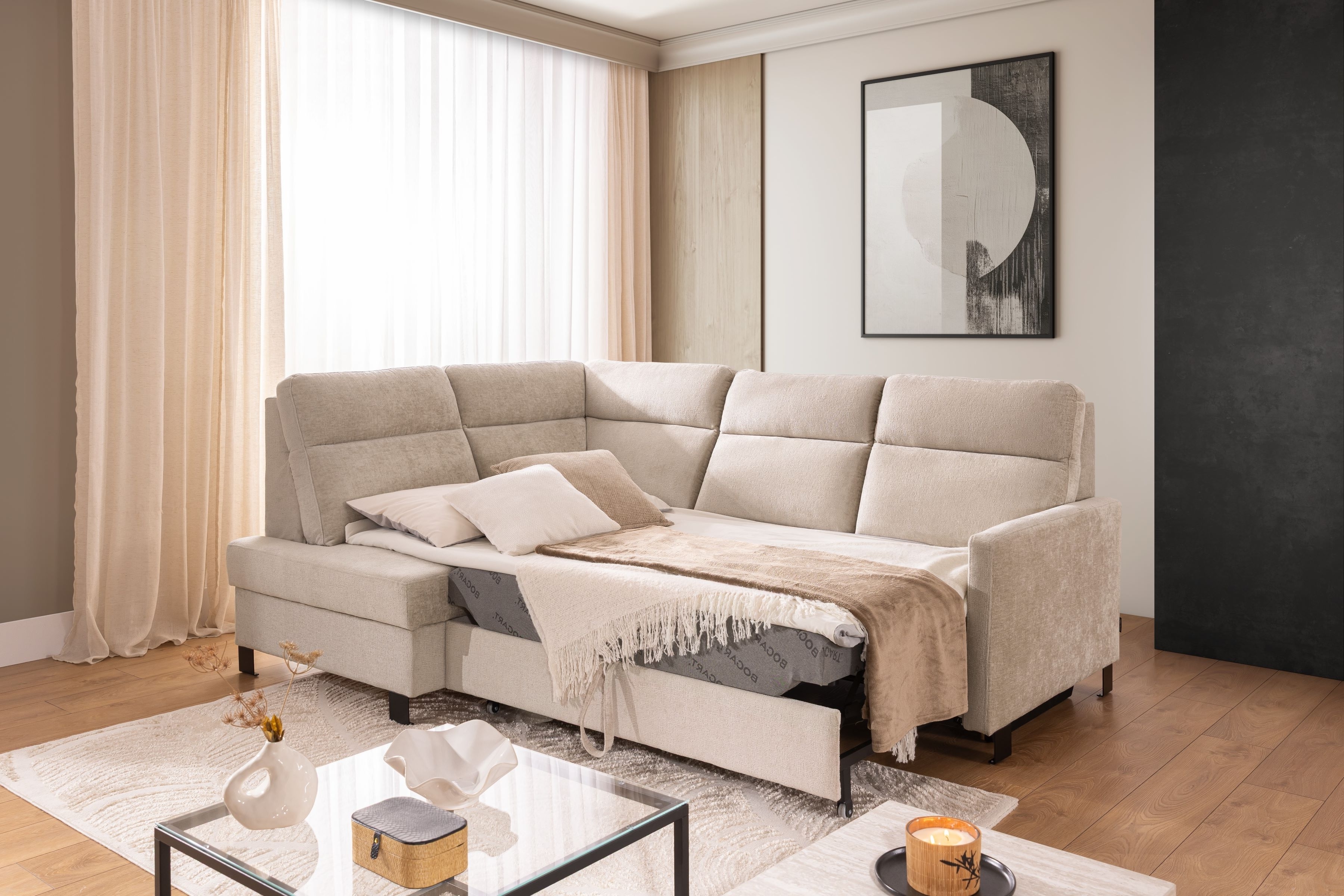 Rohová pohovka Loario L levá s úzkými boky - béžový szenil Perfect Harmony 07 Rohová sedací souprava Loario L levá z waskim bokiem - béžová šenil Perfect Harmony 07