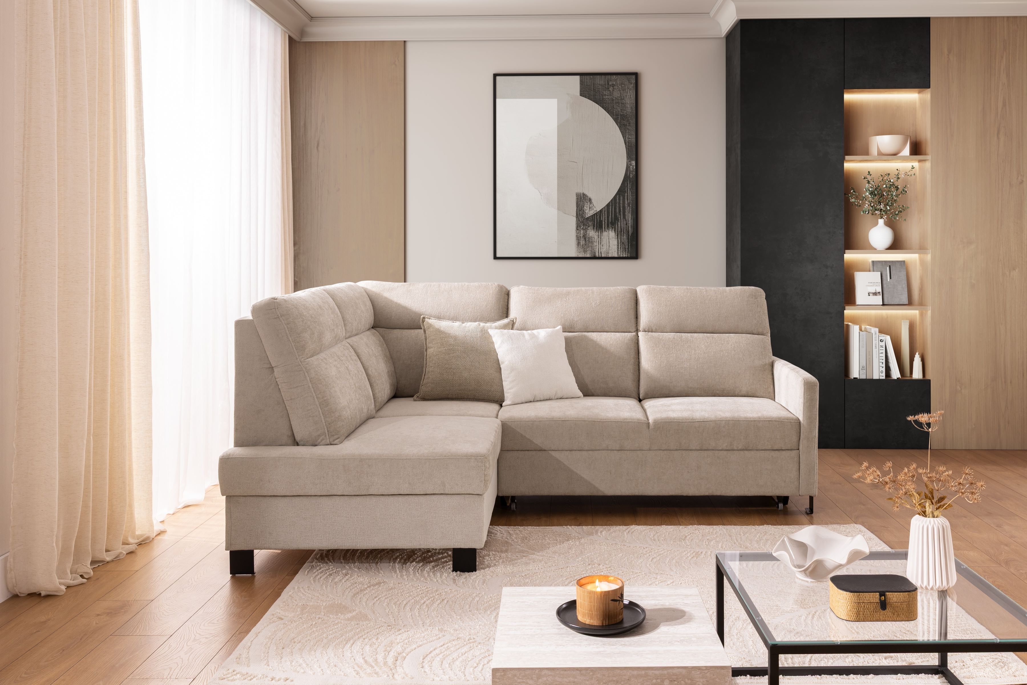 Rohová pohovka Loario L levá s úzkými boky - béžový szenil Perfect Harmony 07 Rohová sedací souprava Loario L levá z waskim bokiem - béžová šenil Perfect Harmony 07