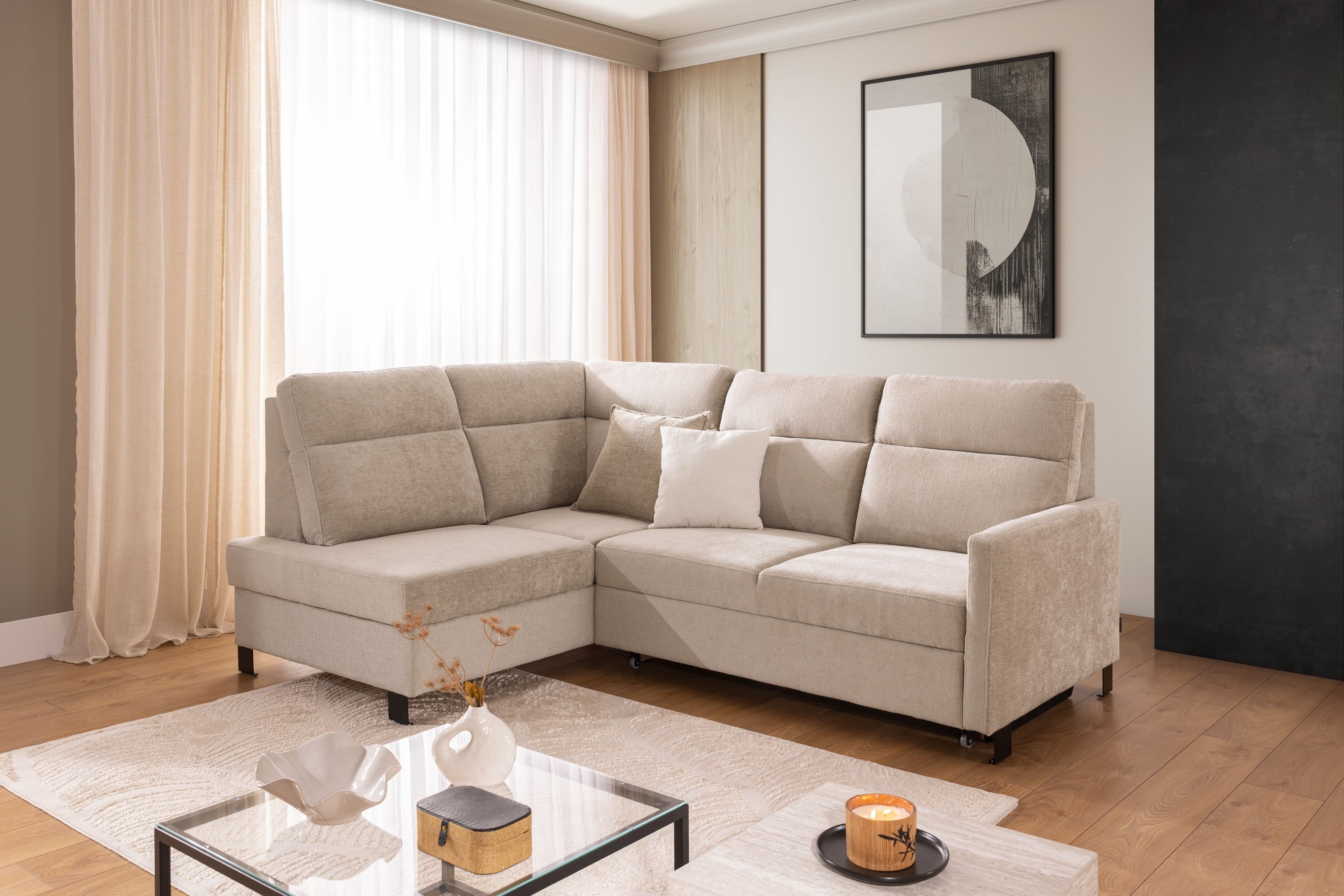 Rohová pohovka Loario L levá s úzkými boky - béžový szenil Perfect Harmony 07 Rohová sedací souprava Loario L levá z waskim bokiem - béžová šenil Perfect Harmony 07