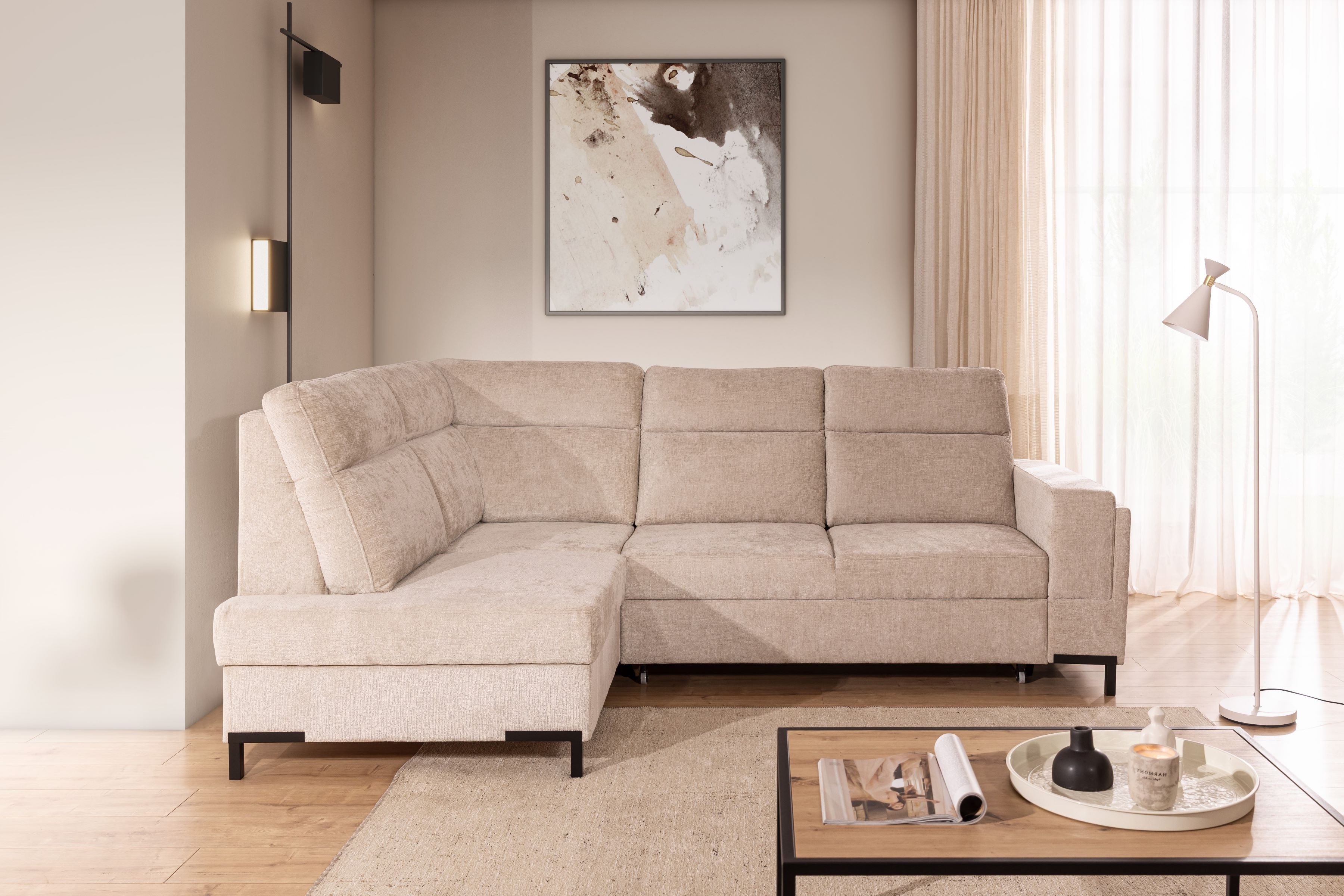 Rohová pohovka Loario L levá se širokými proříznutými boky - béžový szenil Perfect Harmony 07 Rohová sedací souprava Loario L levá z szerokim, wcietym bokiem - béžová šenil Perfect Harmony 07