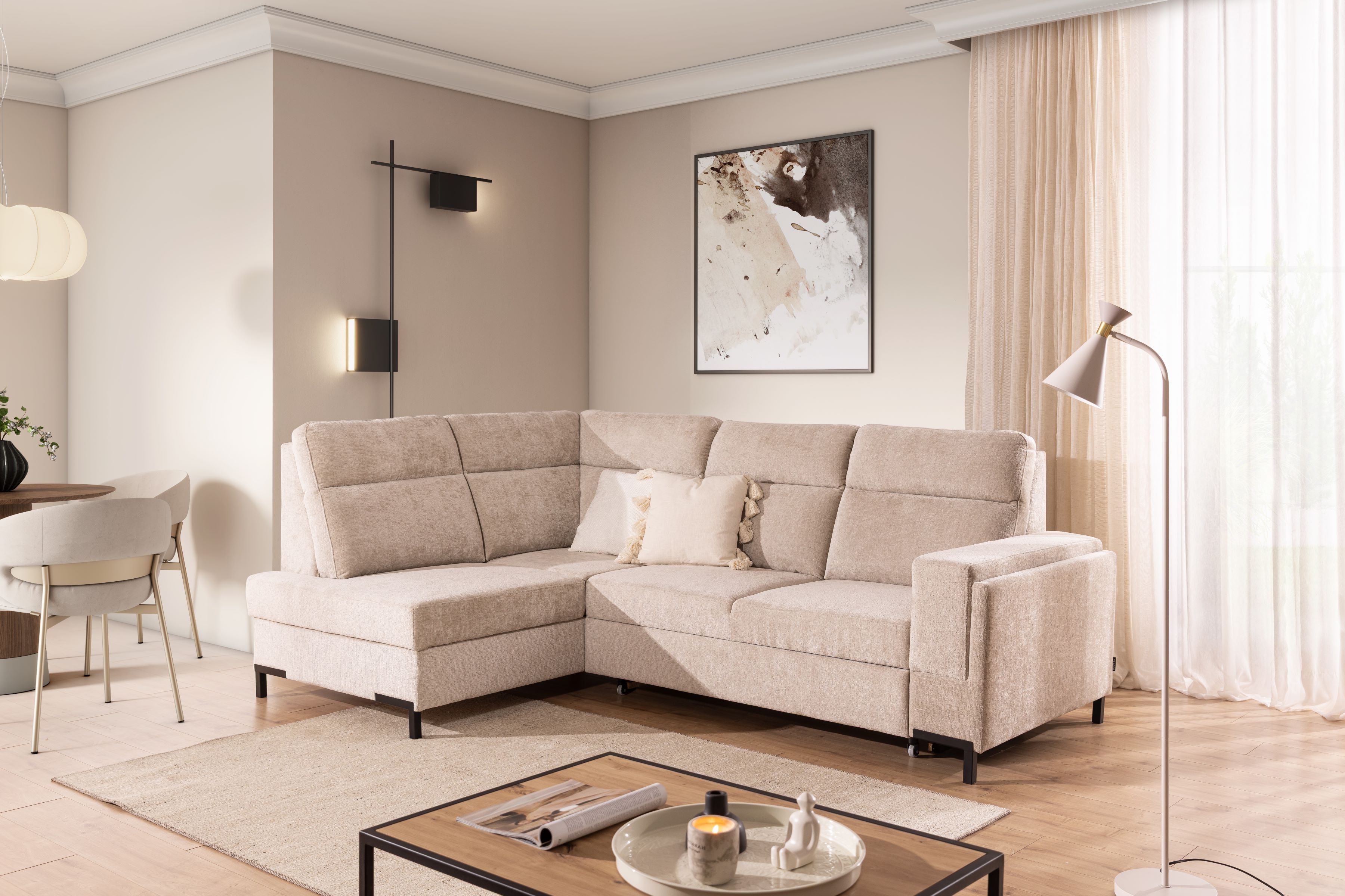 Rohová pohovka Loario L levá se širokými proříznutými boky - béžový szenil Perfect Harmony 07 Rohová sedací souprava Loario L levá z szerokim, wcietym bokiem - béžová šenil Perfect Harmony 07