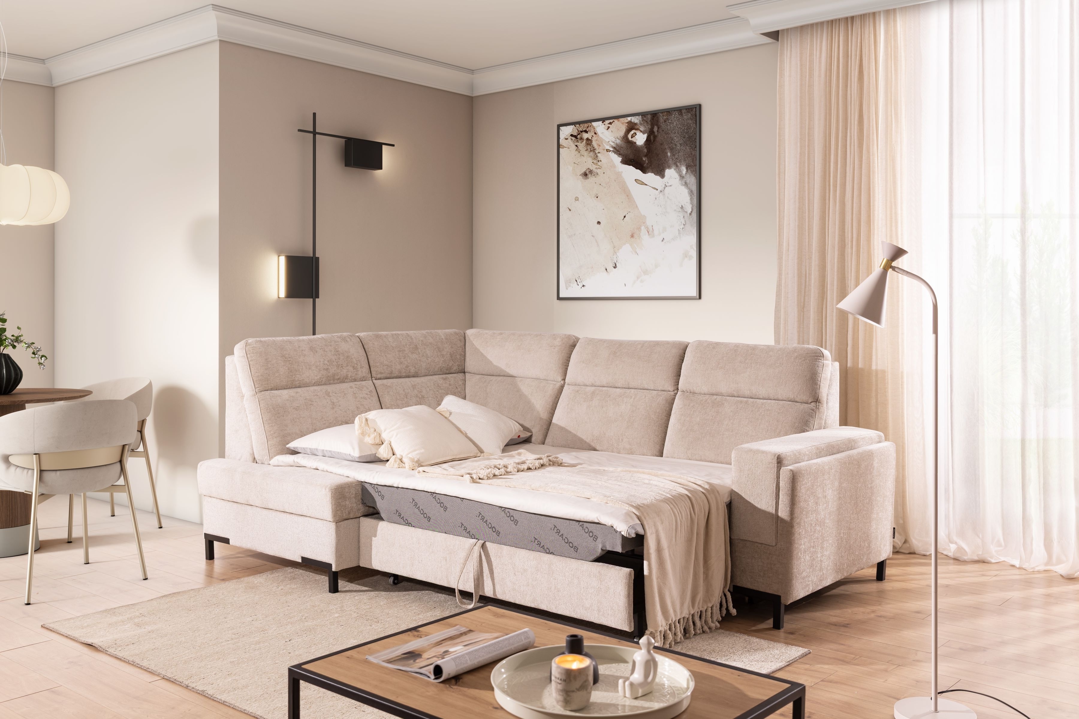 Rohová pohovka Loario L levá se širokými proříznutými boky - béžový szenil Perfect Harmony 07 Rohová sedací souprava Loario L levá z szerokim, wcietym bokiem - béžová šenil Perfect Harmony 07