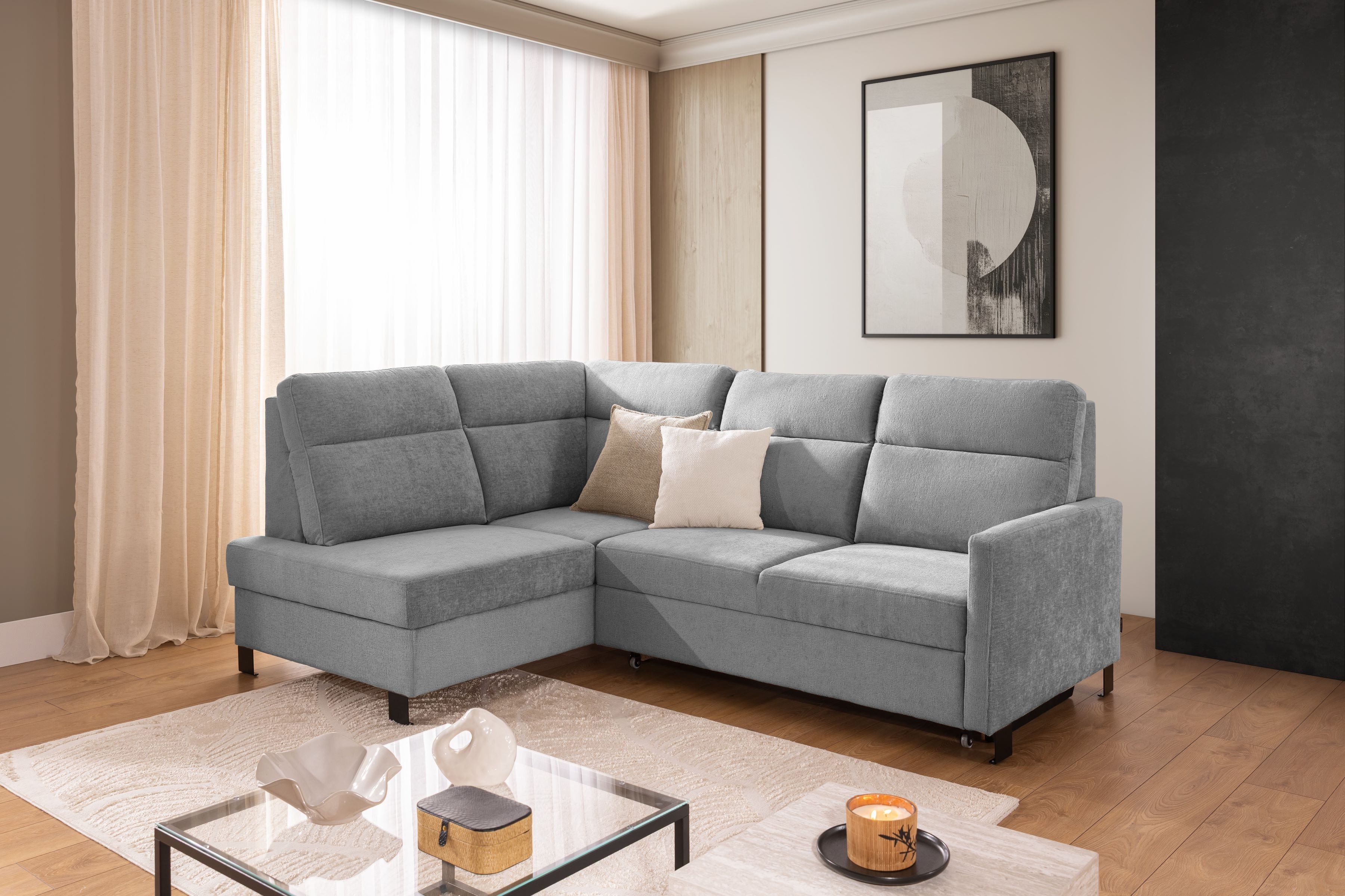 Rohová sedačka Loario L ľavostranná s úzkou opierkou - sivý šenil Perfect Harmony 80 Rohová sedacia súprava Loario L Ľavá strana z waskim bokiem - šedý šenil Perfect Harmony 80