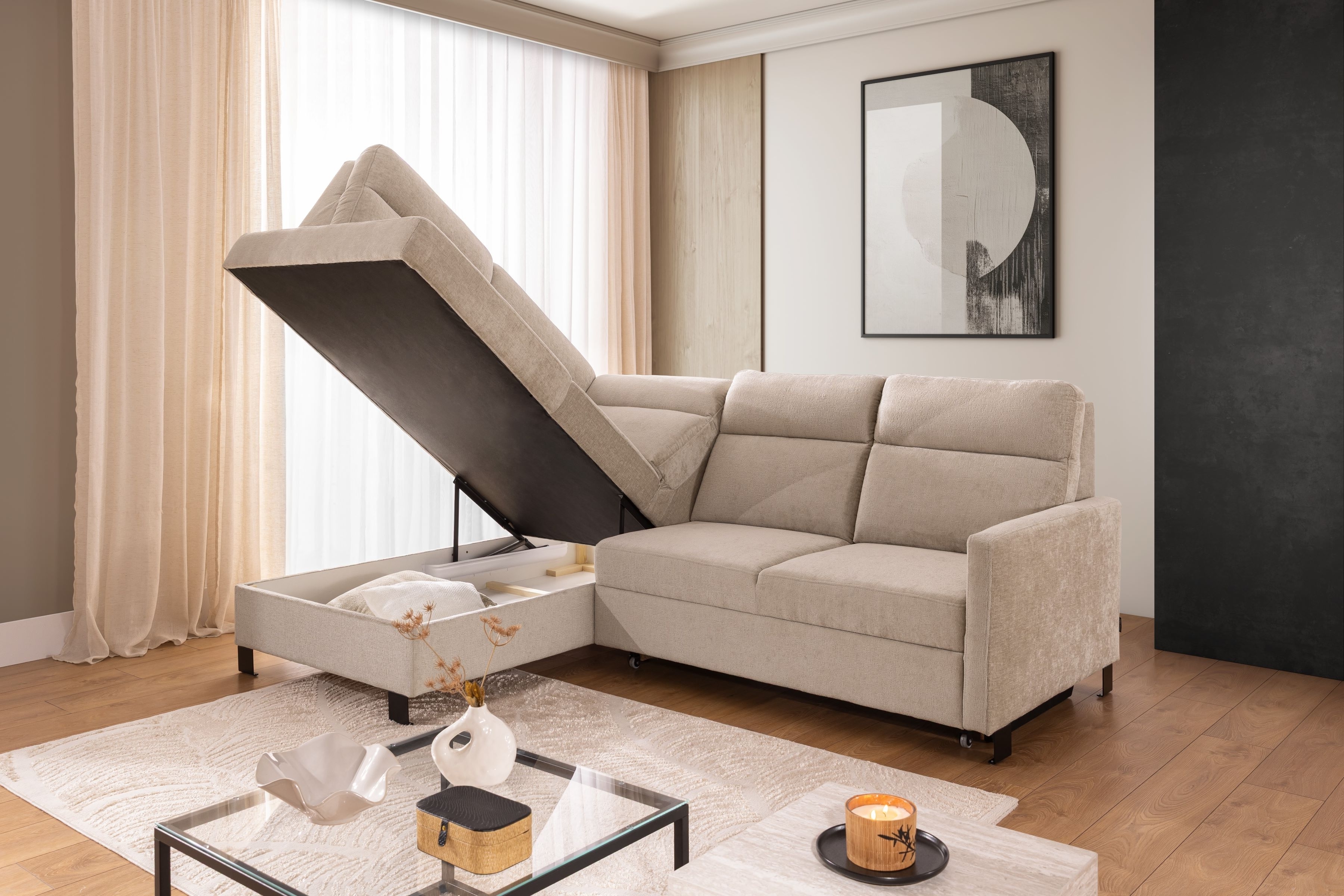 Rohová pohovka Loario L levá s úzkými boky - béžový szenil Perfect Harmony 07 Rohová sedací souprava Loario L levá z waskim bokiem - béžová šenil Perfect Harmony 07