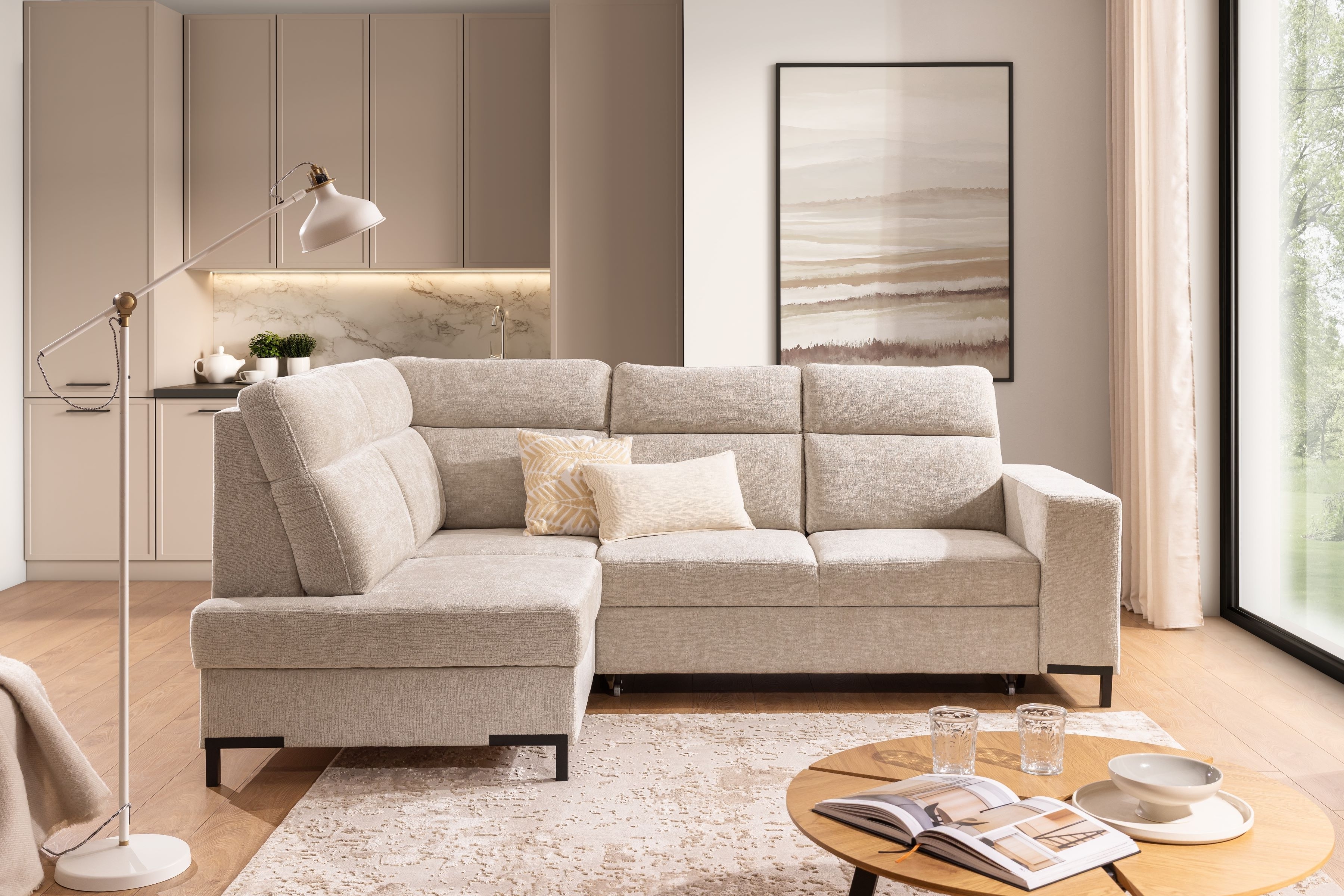 Rohová pohovka Loario L levá se širokými boky - béžový szenil Perfect Harmony 07 Rohová sedací souprava Loario L levá z szerokim bokiem - béžová šenil Perfect Harmony 07