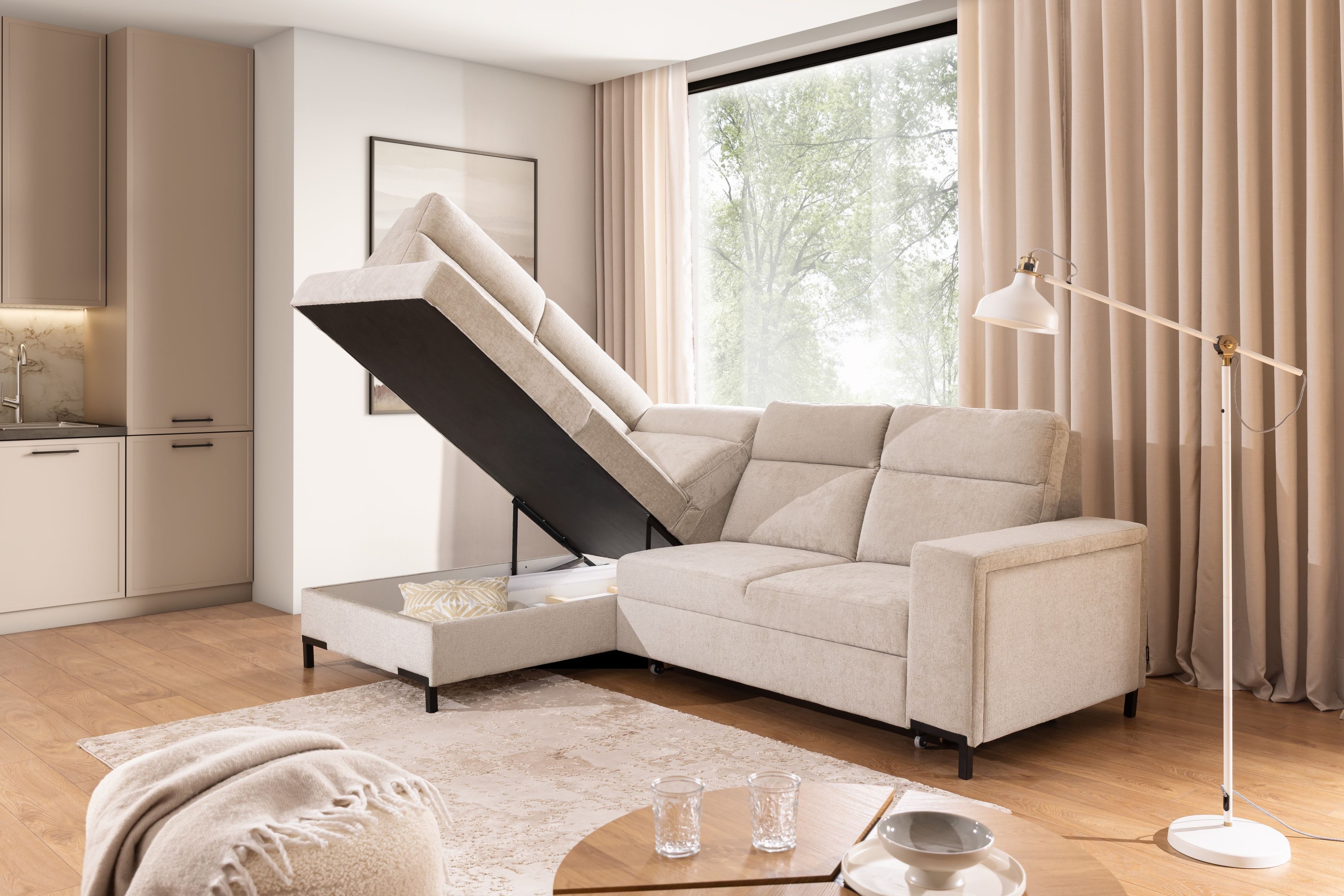 Rohová pohovka Loario L levá se širokými boky - béžový szenil Perfect Harmony 07 Rohová sedací souprava Loario L levá z szerokim bokiem - béžová šenil Perfect Harmony 07