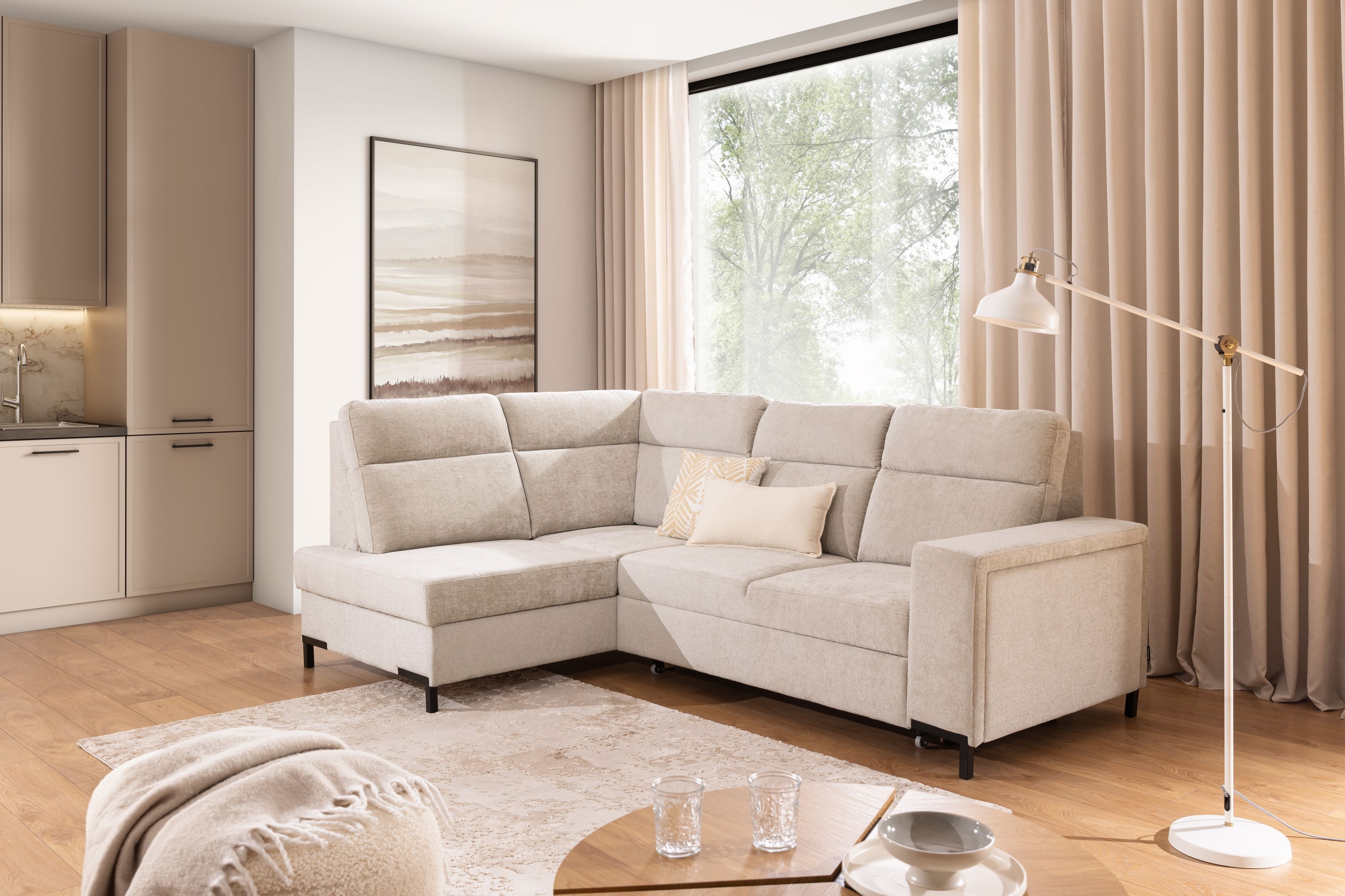 Rohová pohovka Loario L levá se širokými boky - béžový szenil Perfect Harmony 07 Rohová sedací souprava Loario L levá z szerokim bokiem - béžová šenil Perfect Harmony 07