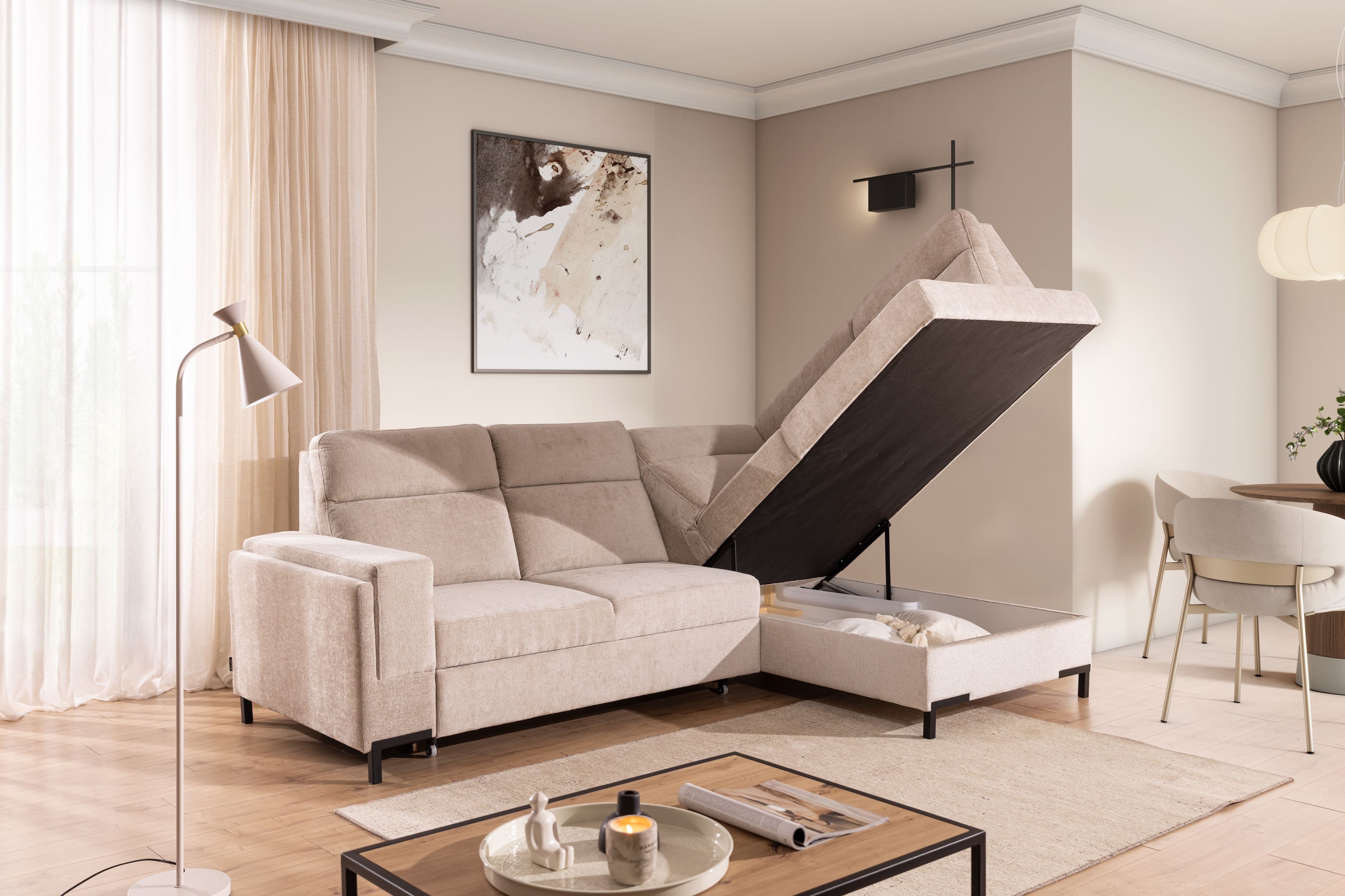 Rohová pohovka Loario L pravá se širokými proříznutými boky - béžový szenil Perfect Harmony 07 Rohová sedací souprava Loario L pravá z szerokim, wcietym bokiem - béžová šenil Perfect Harmony 07