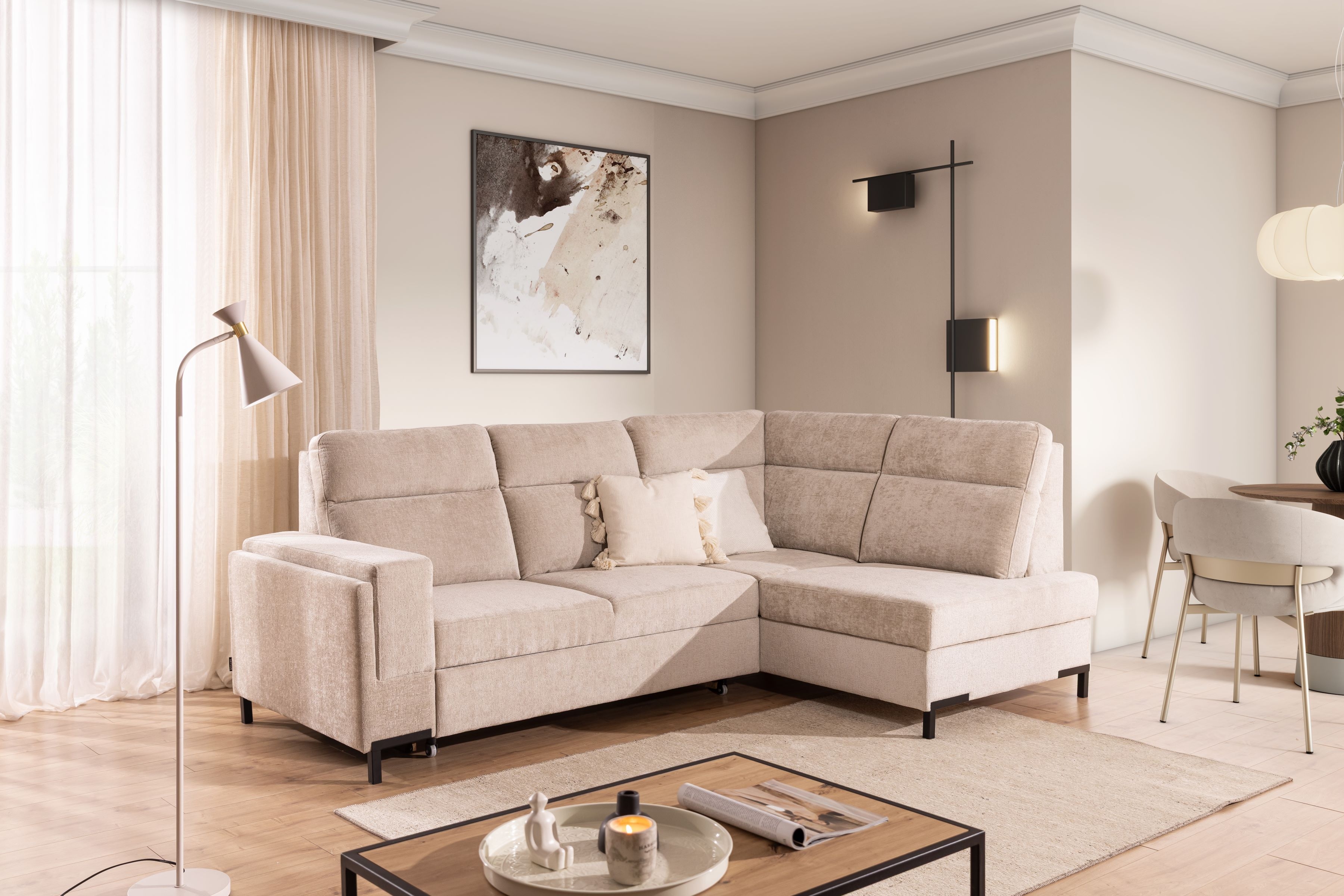 Rohová pohovka Loario L pravá se širokými proříznutými boky - béžový szenil Perfect Harmony 07 Rohová sedací souprava Loario L pravá z szerokim, wcietym bokiem - béžová šenil Perfect Harmony 07