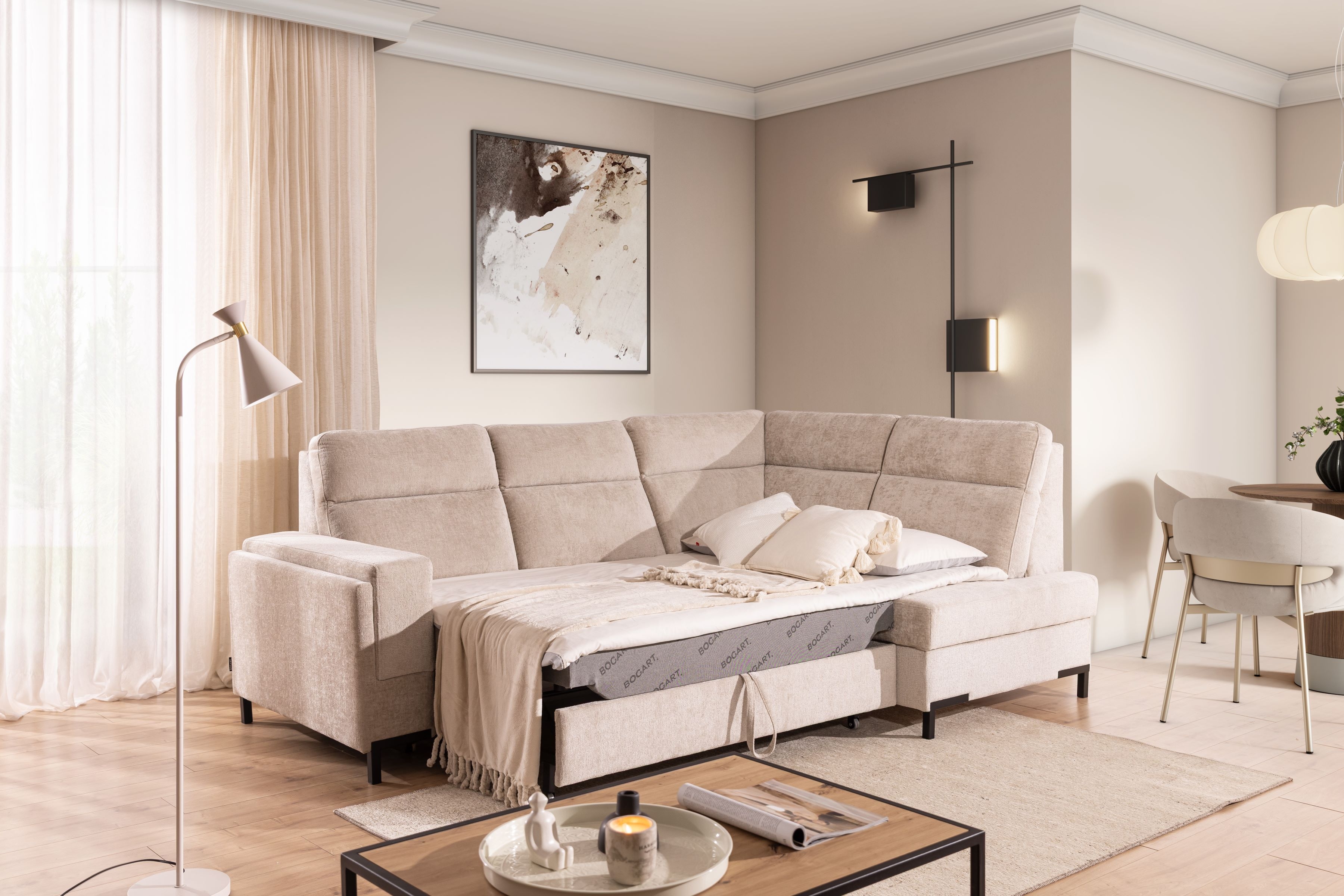 Rohová pohovka Loario L pravá se širokými proříznutými boky - béžový szenil Perfect Harmony 07 Rohová sedací souprava Loario L pravá z szerokim, wcietym bokiem - béžová šenil Perfect Harmony 07