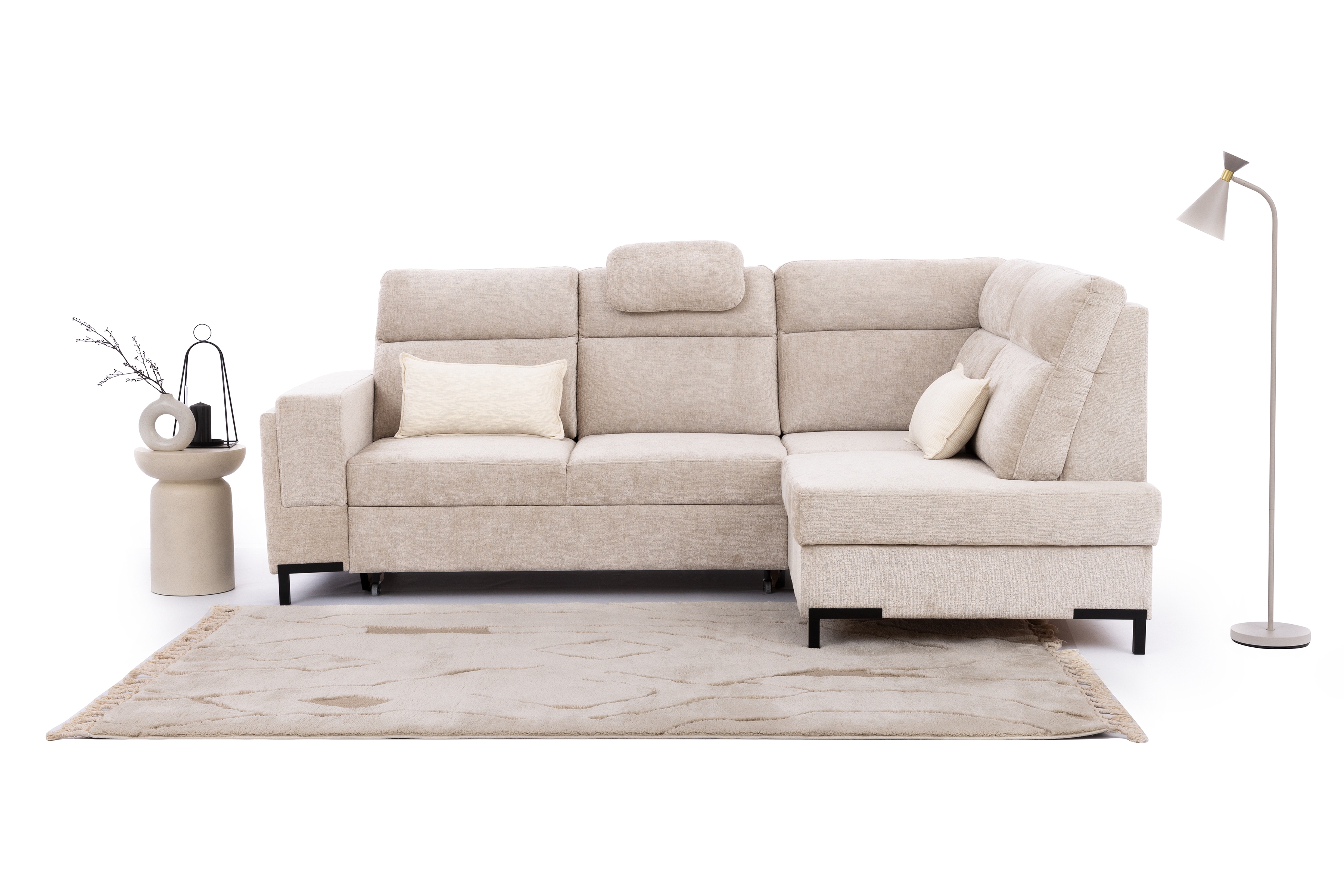 Rohová pohovka Loario L pravá se širokými proříznutými boky - béžový szenil Perfect Harmony 07 Rohová sedací souprava Loario L pravá z szerokim, wcietym bokiem - béžová šenil Perfect Harmony 07