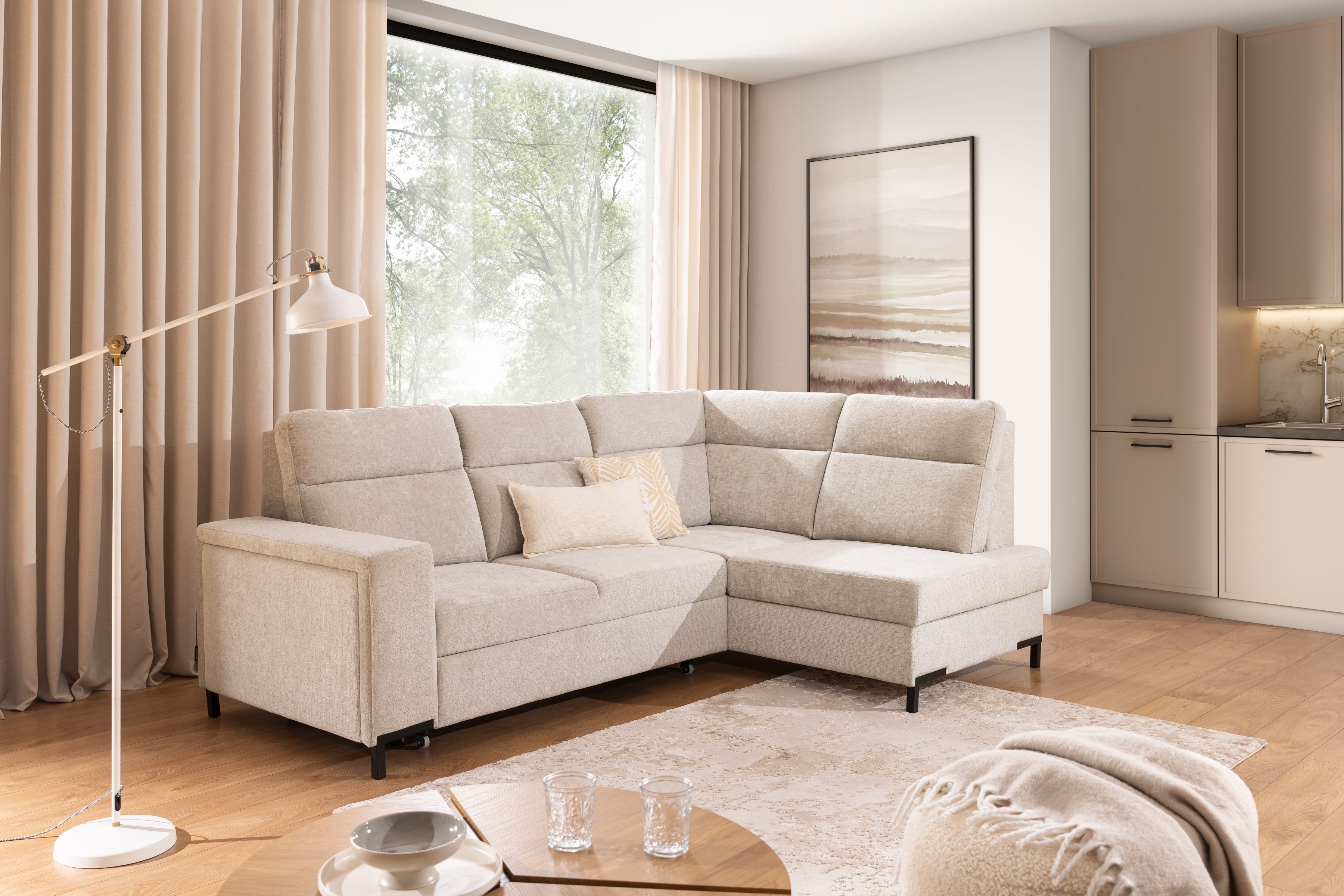 Rohová pohovka Loario L pravá se širokými boky - béžový szenil Perfect Harmony 07 Rohová sedací souprava Loario L pravá z szerokim bokiem - béžová šenil Perfect Harmony 07