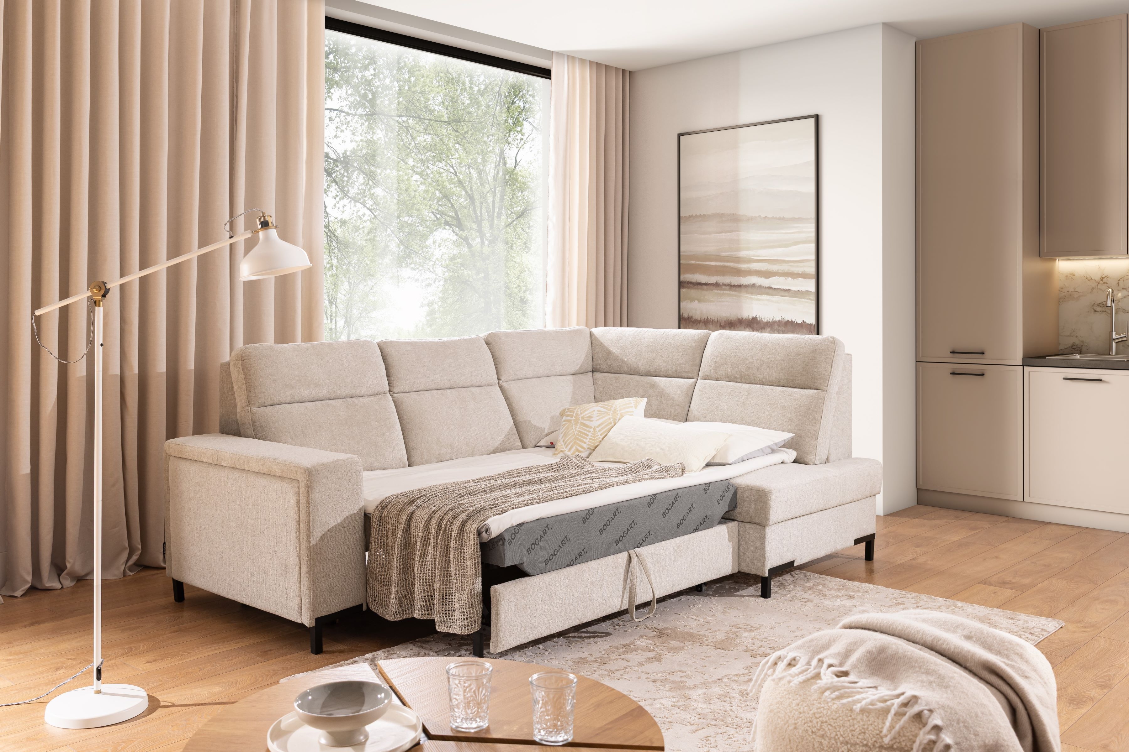 Rohová pohovka Loario L pravá se širokými boky - béžový szenil Perfect Harmony 07 Rohová sedací souprava Loario L pravá z szerokim bokiem - béžová šenil Perfect Harmony 07