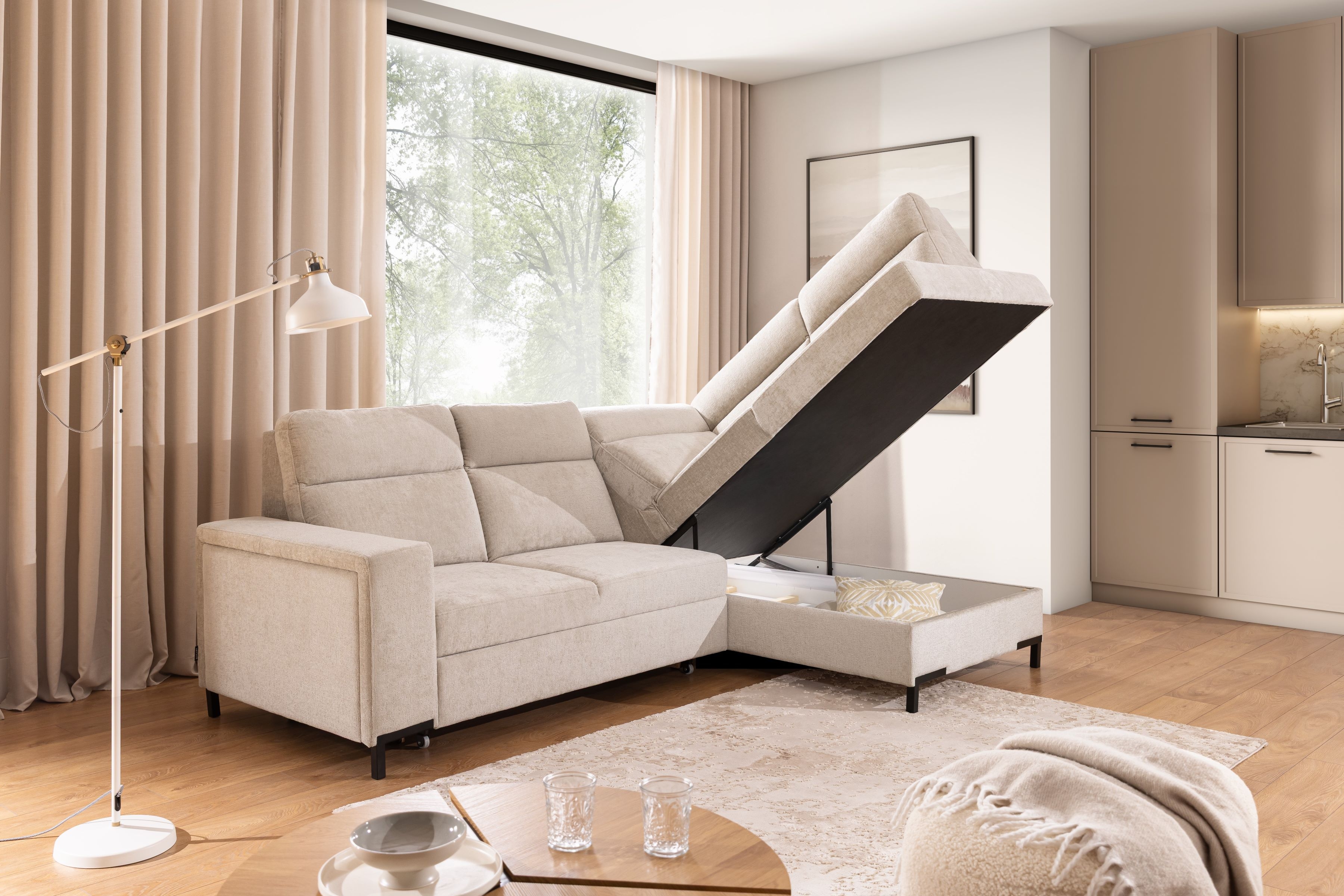 Rohová pohovka Loario L pravá se širokými boky - béžový szenil Perfect Harmony 07 Rohová sedací souprava Loario L pravá z szerokim bokiem - béžová šenil Perfect Harmony 07