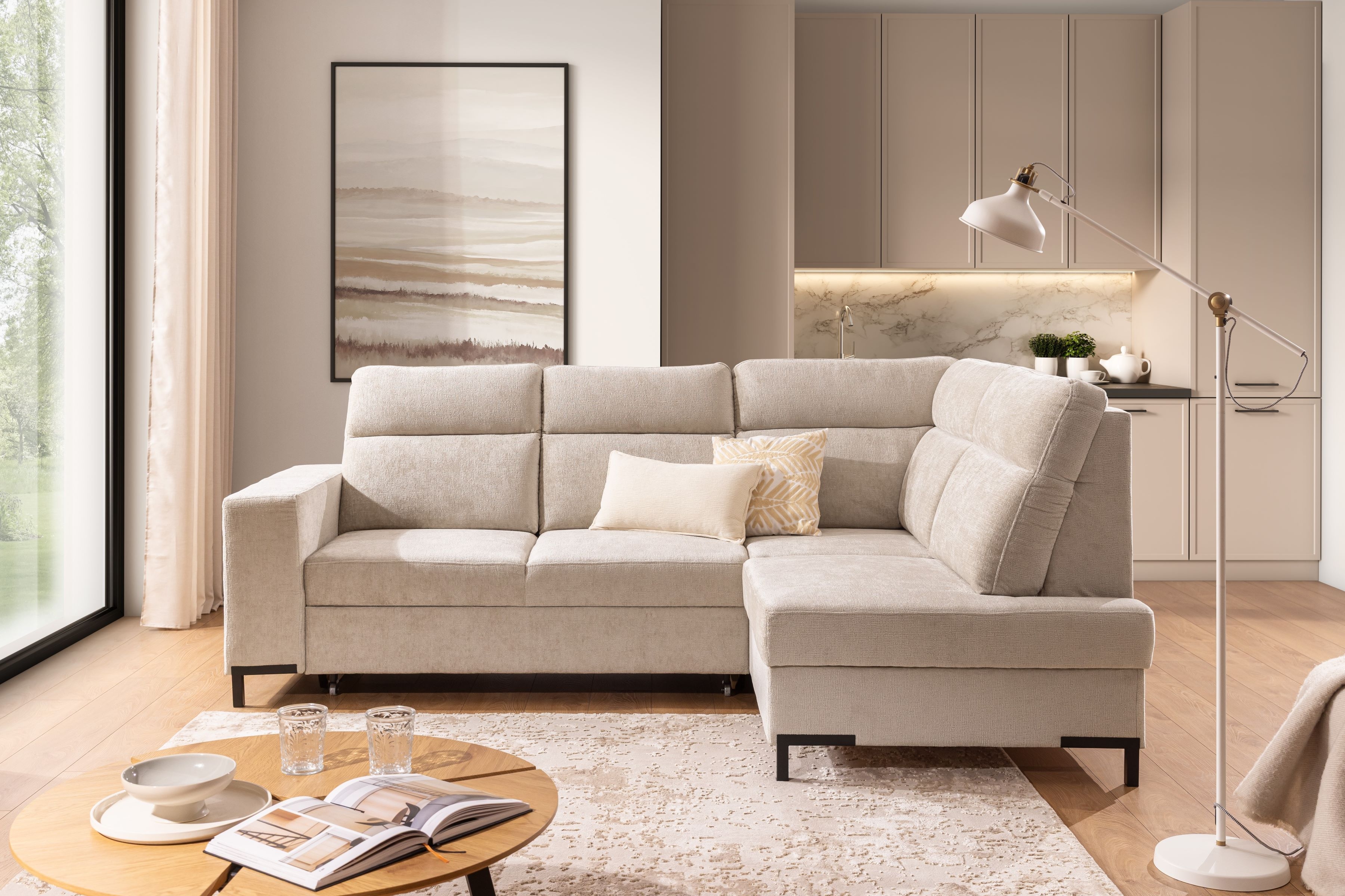 Rohová pohovka Loario L pravá se širokými boky - béžový szenil Perfect Harmony 07 Rohová sedací souprava Loario L pravá z szerokim bokiem - béžová šenil Perfect Harmony 07