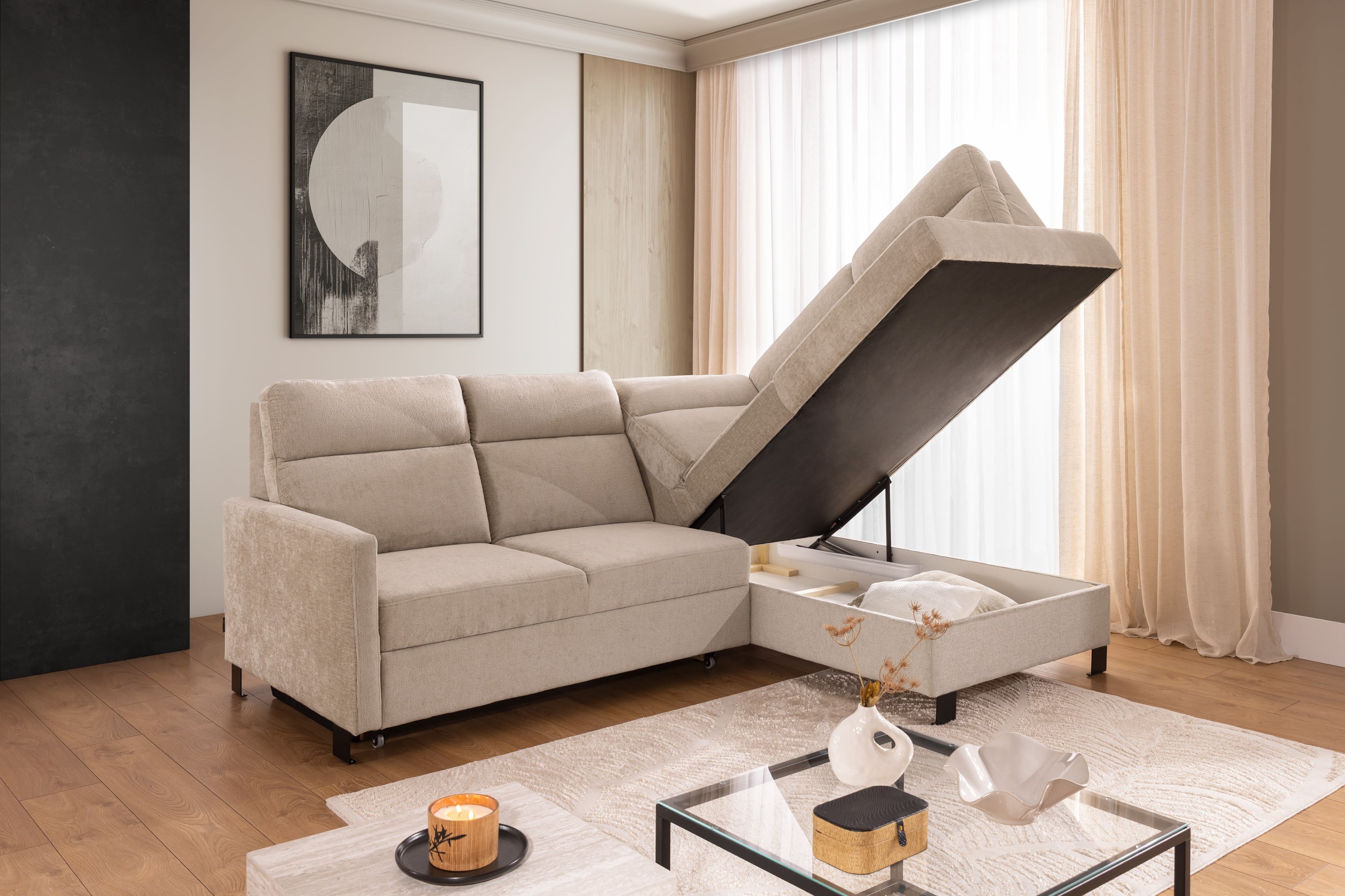 Rohová pohovka Loario L pravá s úzkými boky - béžový szenil Perfect Harmony 07 Rohová sedací souprava Loario L pravá z waskim bokiem - béžová šenil Perfect Harmony 07