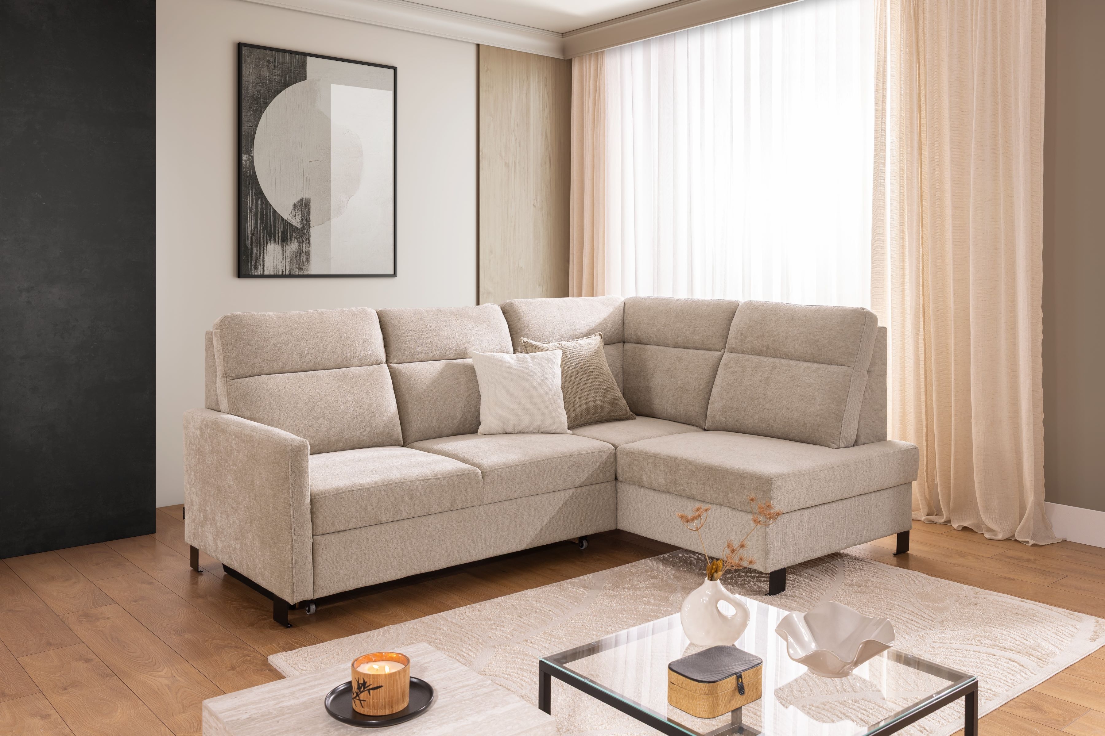 Rohová pohovka Loario L pravá s úzkými boky - béžový szenil Perfect Harmony 07 Rohová sedací souprava Loario L pravá z waskim bokiem - béžová šenil Perfect Harmony 07