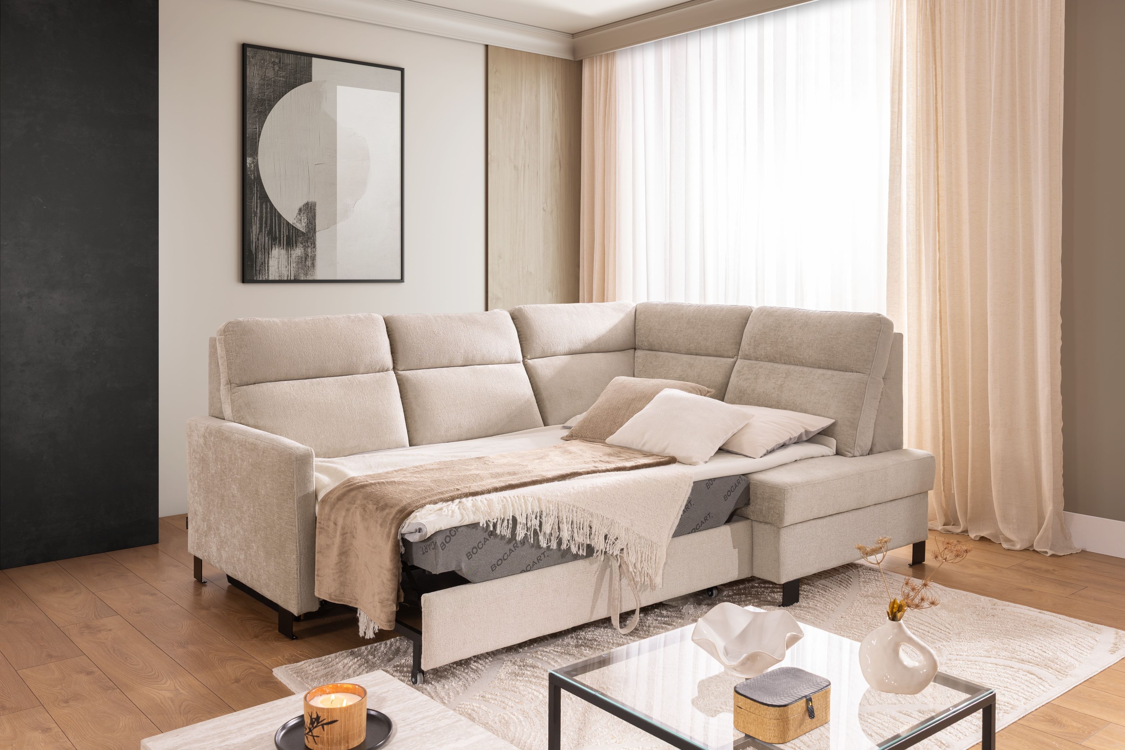 Rohová pohovka Loario L pravá s úzkými boky - béžový szenil Perfect Harmony 07 Rohová sedací souprava Loario L pravá z waskim bokiem - béžová šenil Perfect Harmony 07