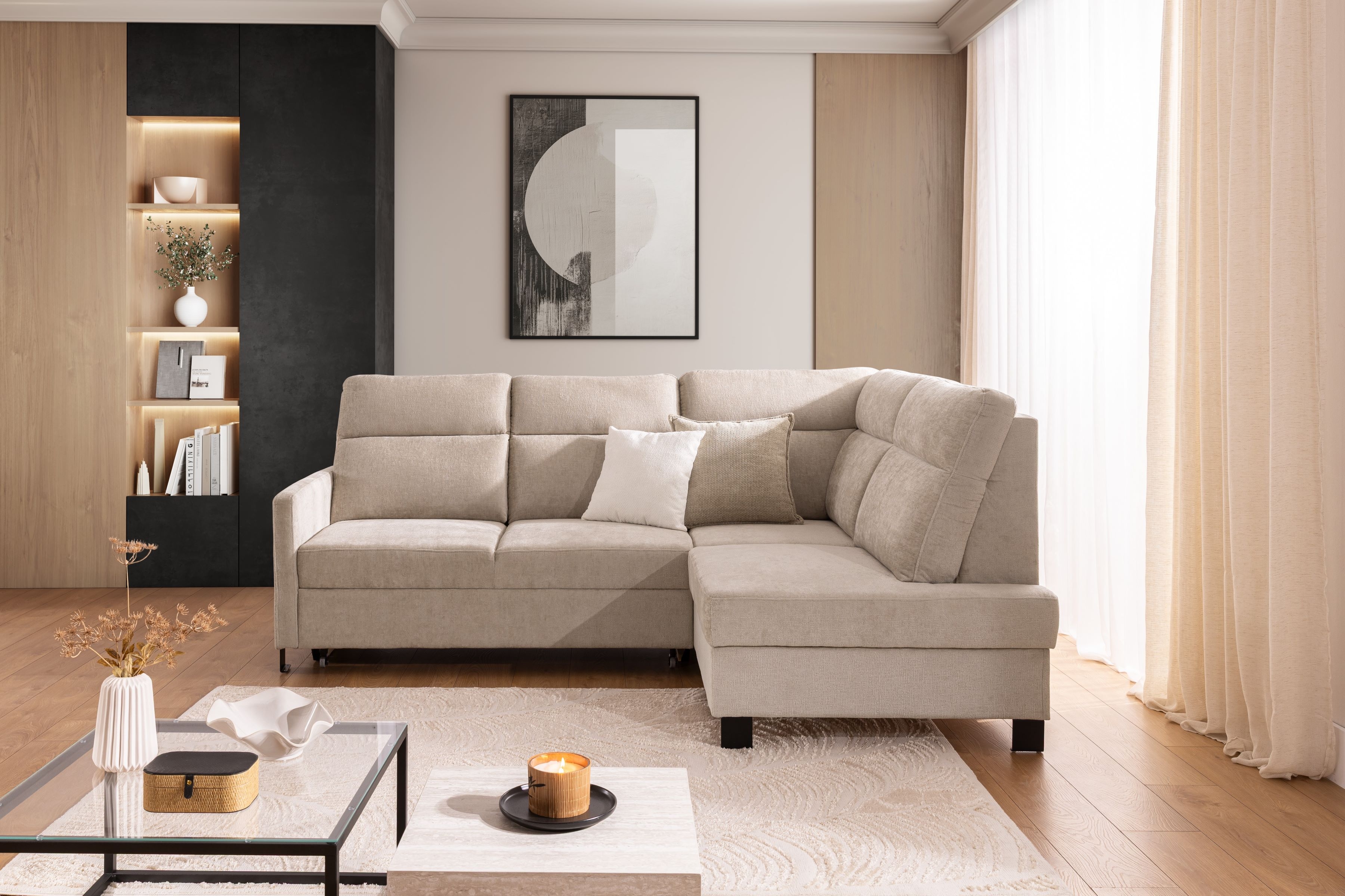 Rohová pohovka Loario L pravá s úzkými boky - béžový szenil Perfect Harmony 07 Rohová sedací souprava Loario L pravá z waskim bokiem - béžová šenil Perfect Harmony 07