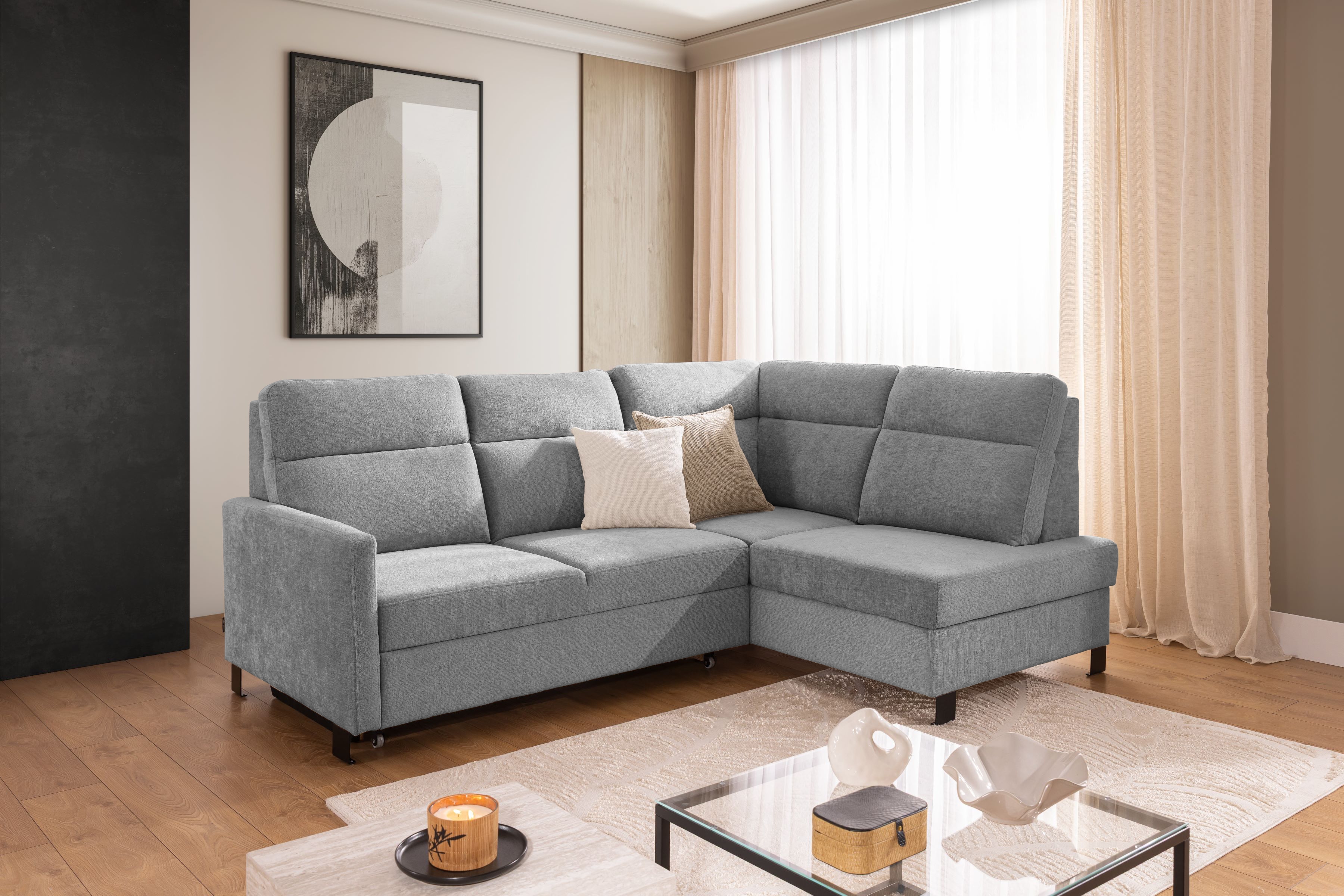 Rohová sedačka Loario L pravá s úzkou opierkou - sivý šenil Perfect Harmony 80 Rohová sedacia súprava Loario L pravá strana z waskim bokiem - šedý šenil Perfect Harmony 80