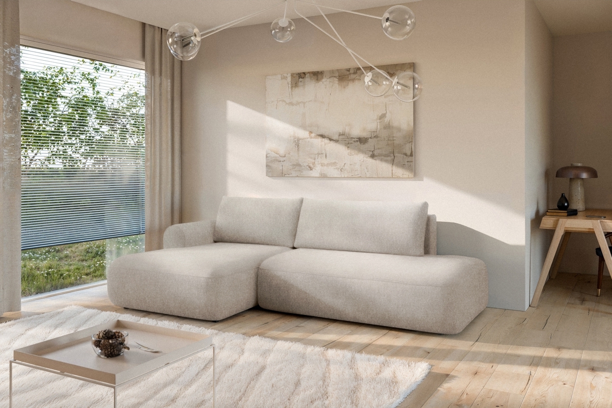 Rozkladacia rohová sedačka Lotulis L II ľavá – krémová hydrofóbna pletenina Blur 01 Rohová sedacia súprava Lotulis L s funkciou spánku Ľavá strana - kremowa dzianina hydrofobowa Blur 01 