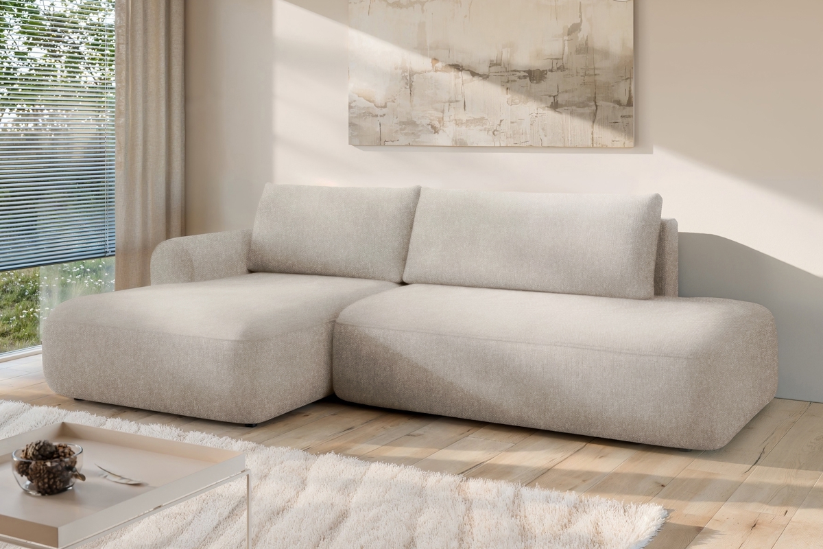 Rozkladacia rohová sedačka Lotulis L II ľavá – krémová hydrofóbna pletenina Blur 01 Rohová sedacia súprava Lotulis L s funkciou spánku Ľavá strana - kremowa dzianina hydrofobowa Blur 01 